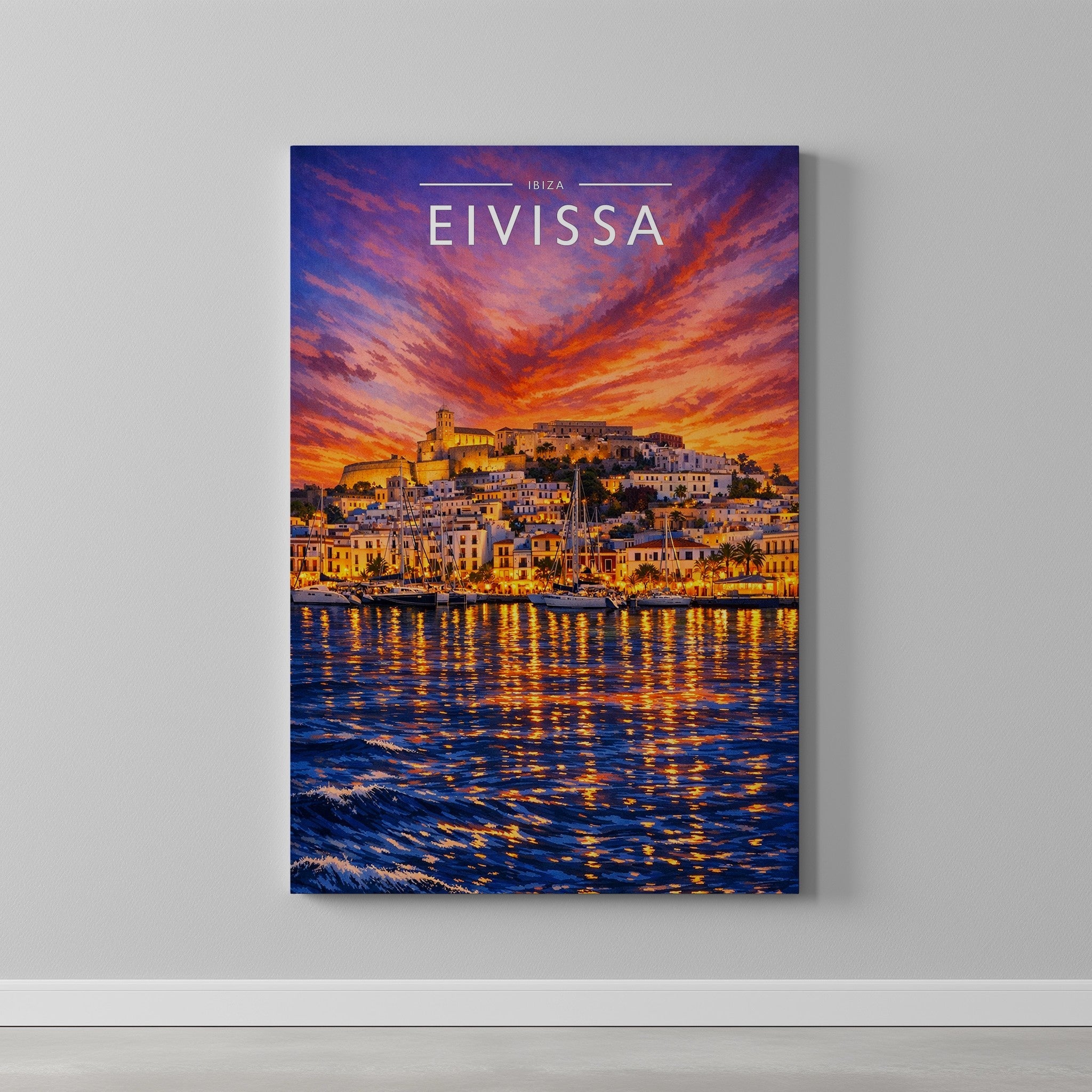 Eivissa #3 Travel Poster as a gallery-wrapped canvas on a plain wall
