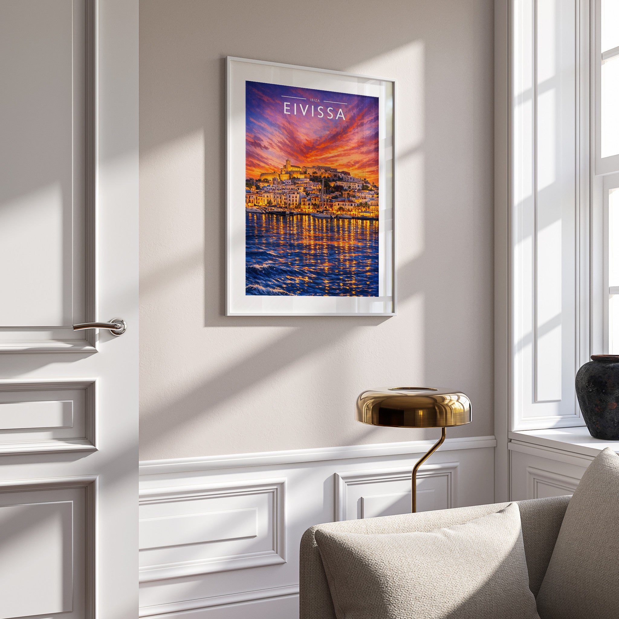 Eivissa #3 Travel Poster in a white frame on a panelled wall