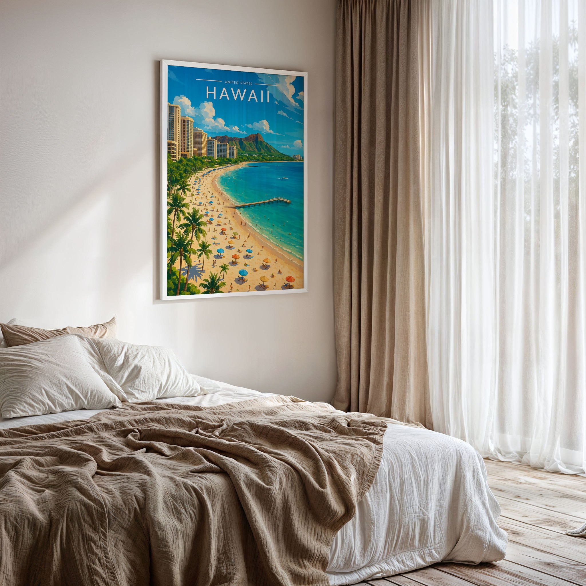 Hawaii Travel Poster framed on a bedroom wall