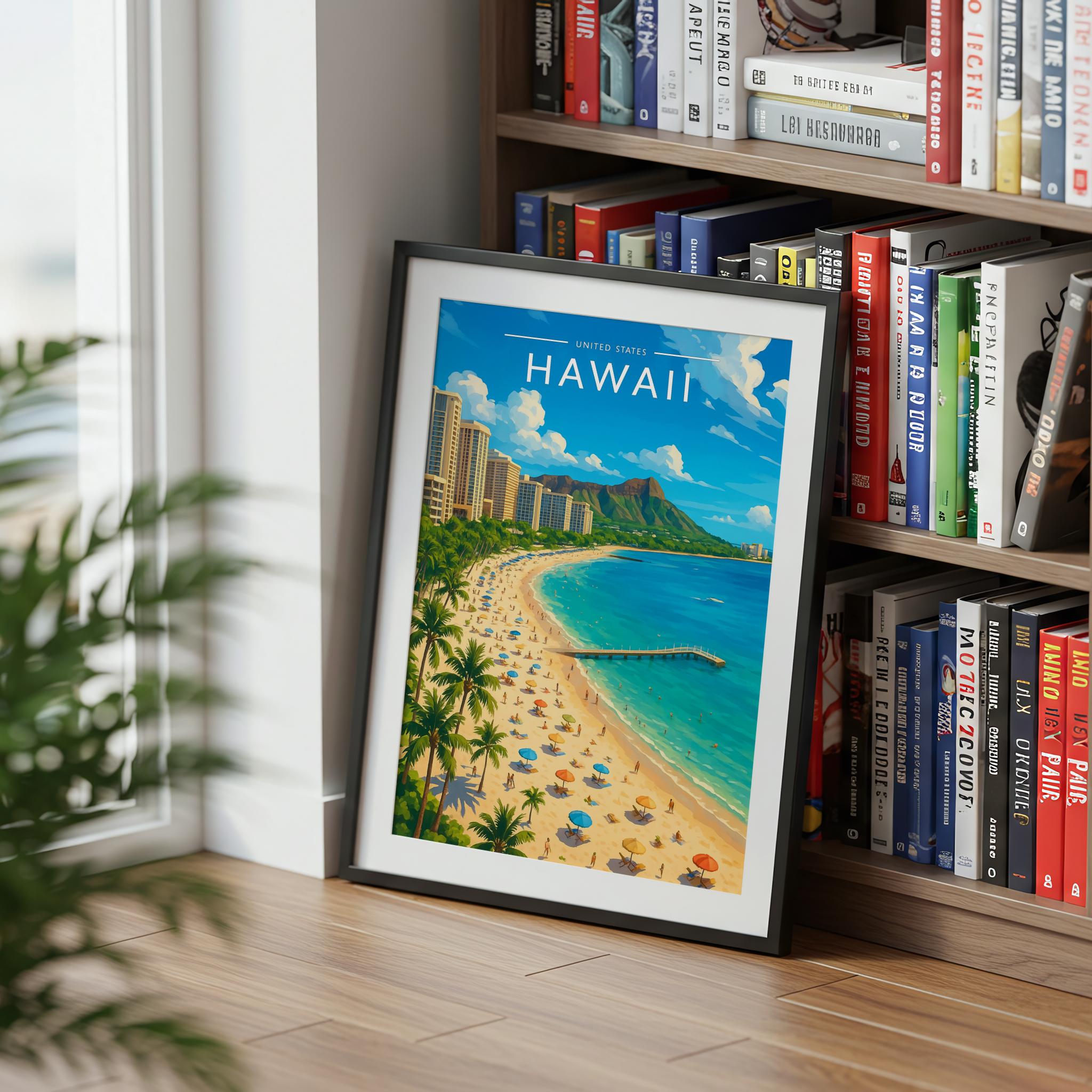 Hawaii Travel Poster mounted in a black frame