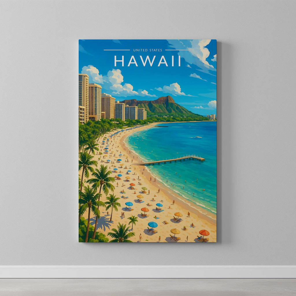 Hawaii Travel Poster as a gallery-wrapped canvas on a plain wall