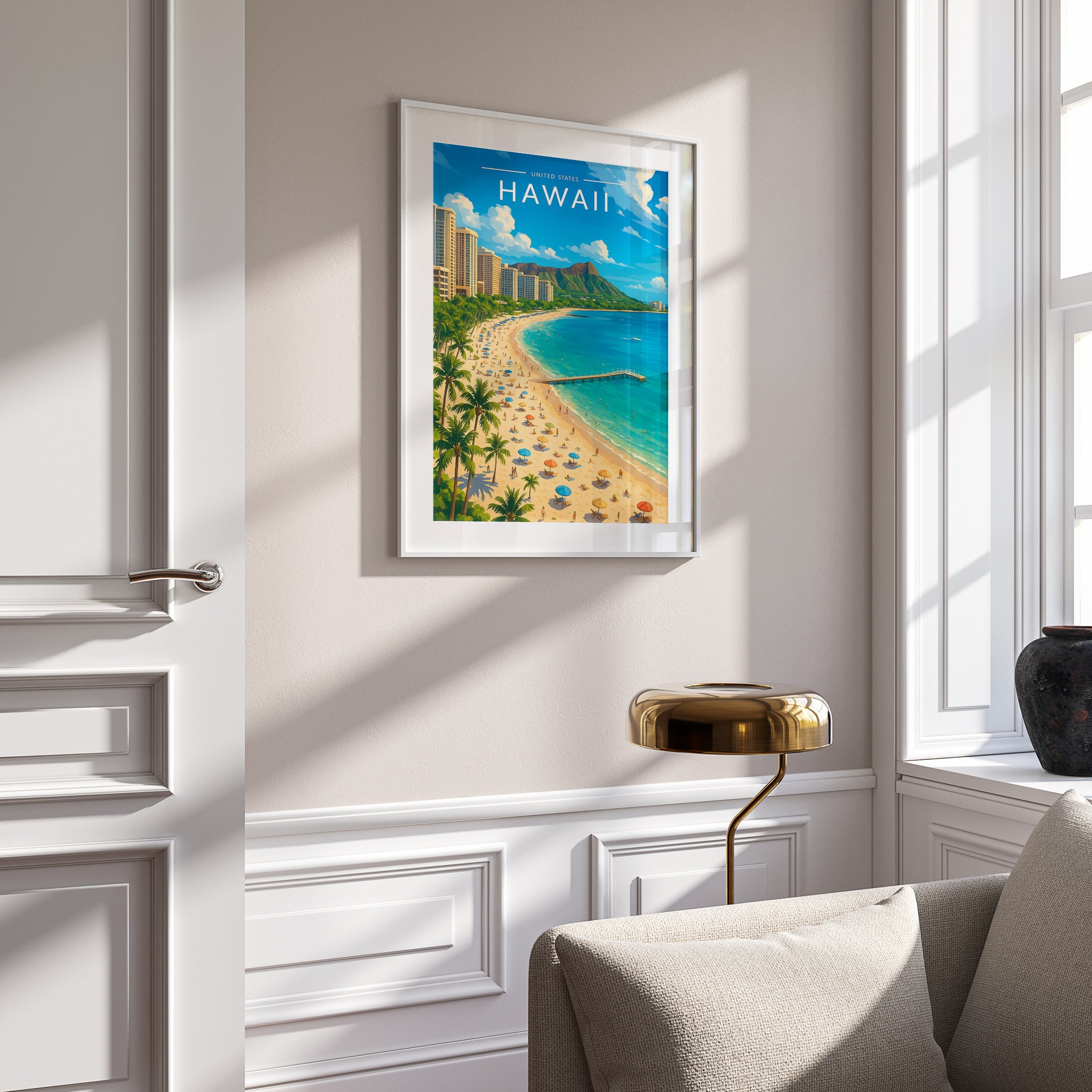 Hawaii Travel Poster in a white frame on a panelled wall