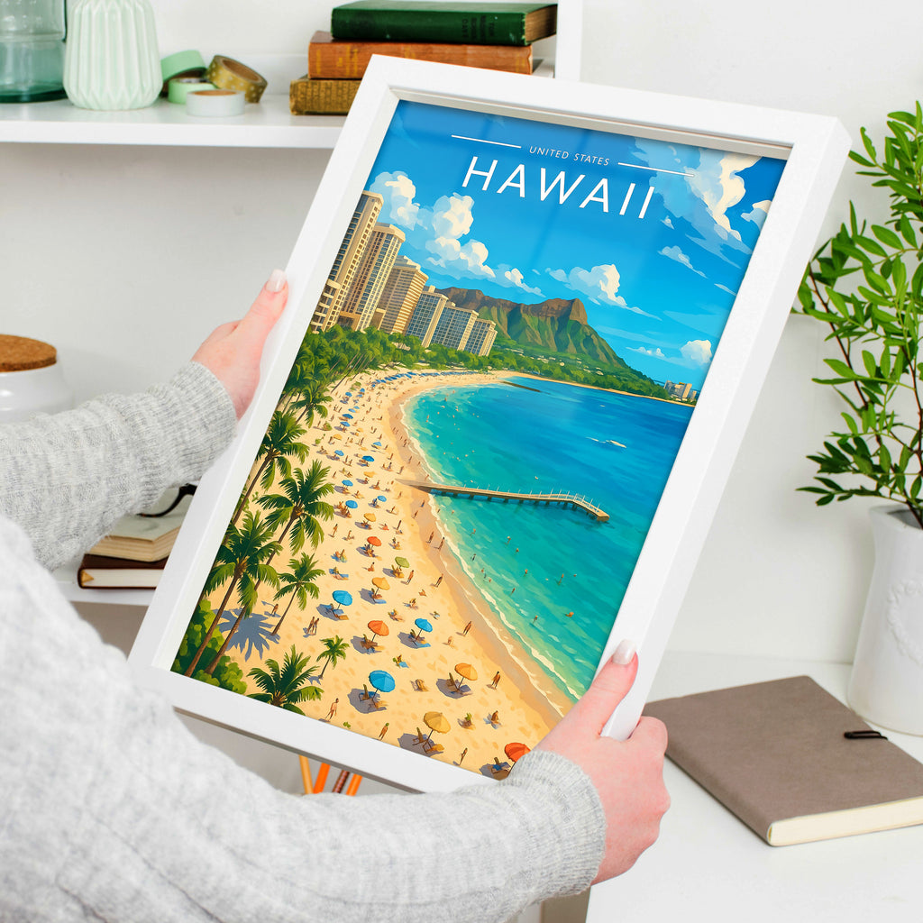 Hawaii Travel Poster in a white frame, held to show scale