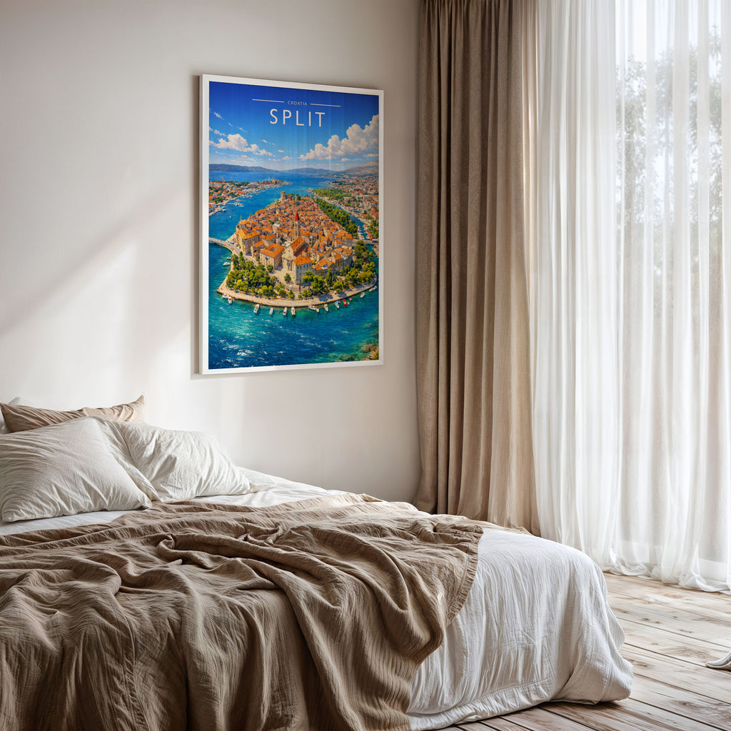 Split Travel Poster framed on a bedroom wall