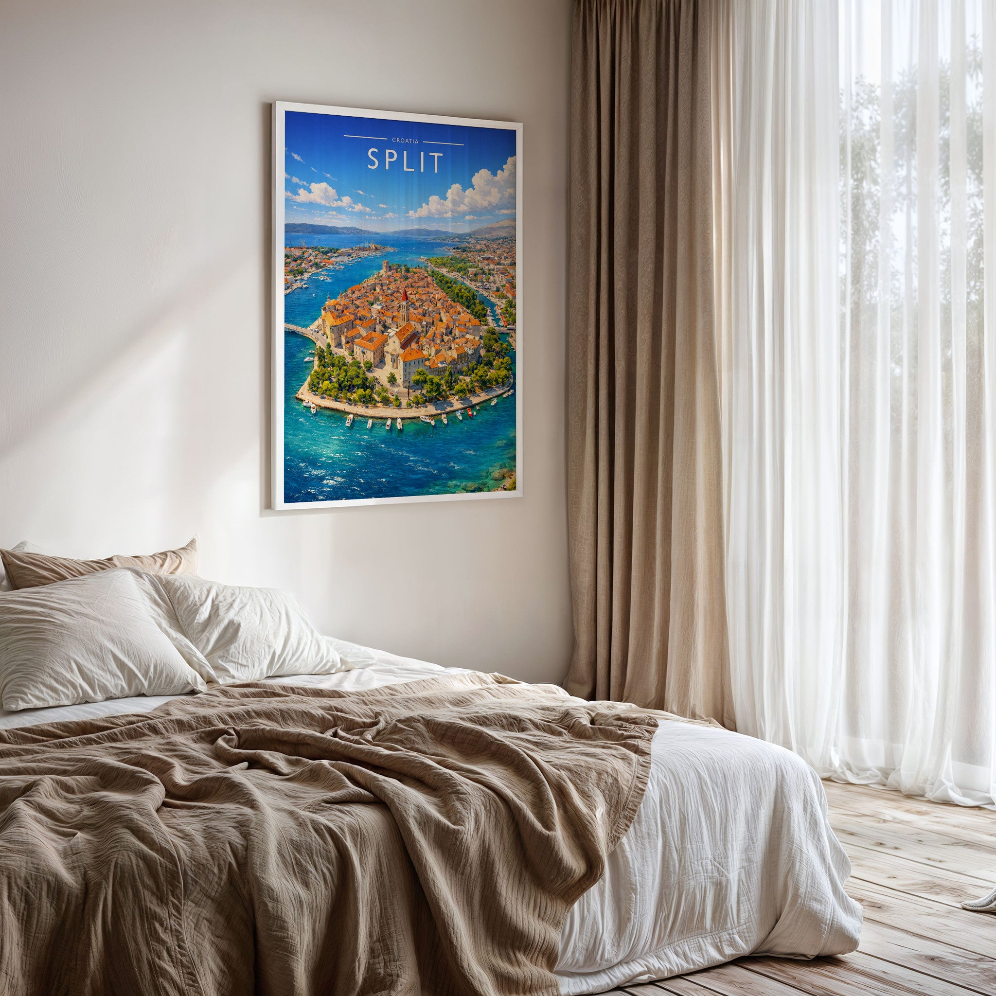 Split Travel Poster framed on a bedroom wall