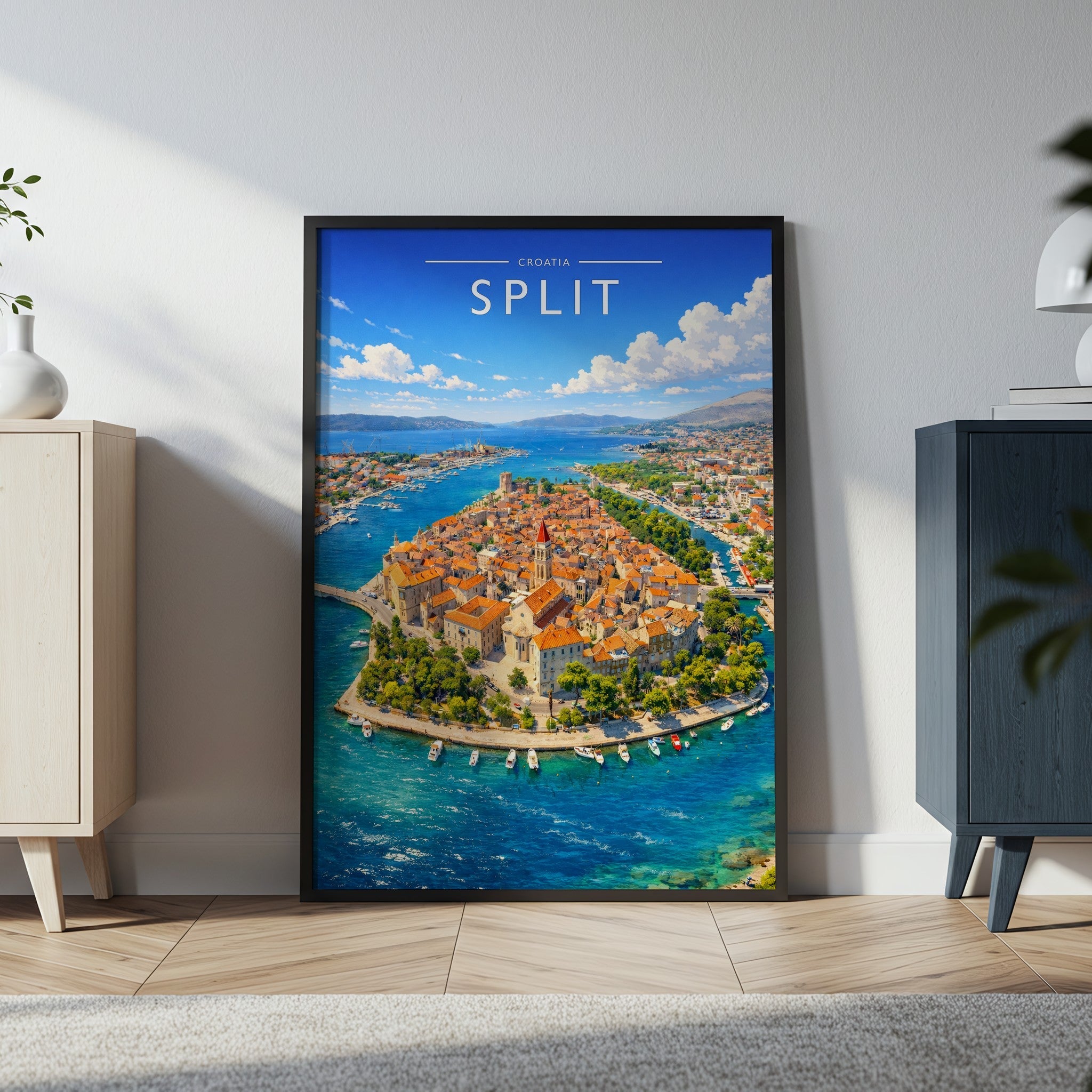 Split Travel Poster in a black frame