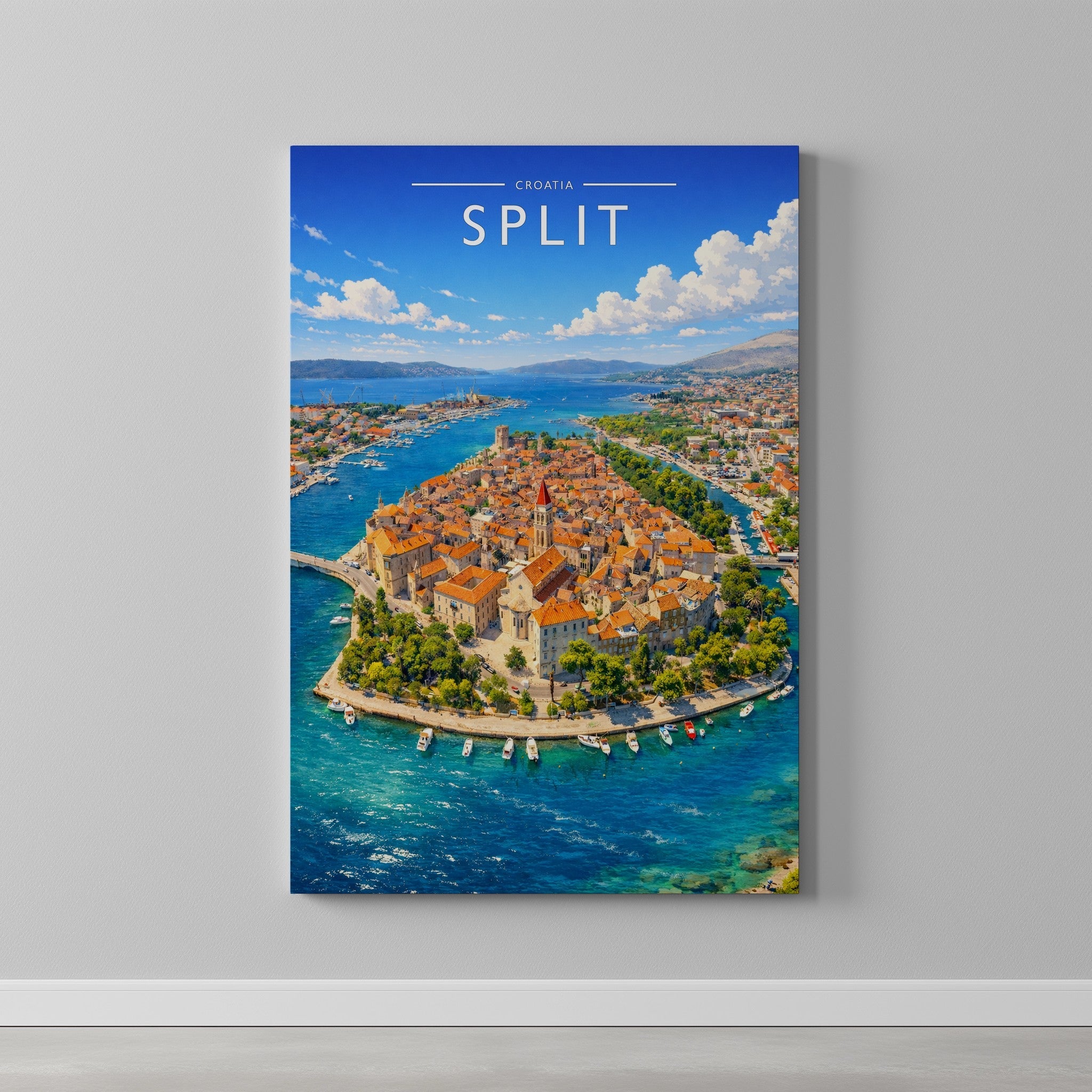 Split Travel Poster as a gallery-wrapped canvas on a plain wall