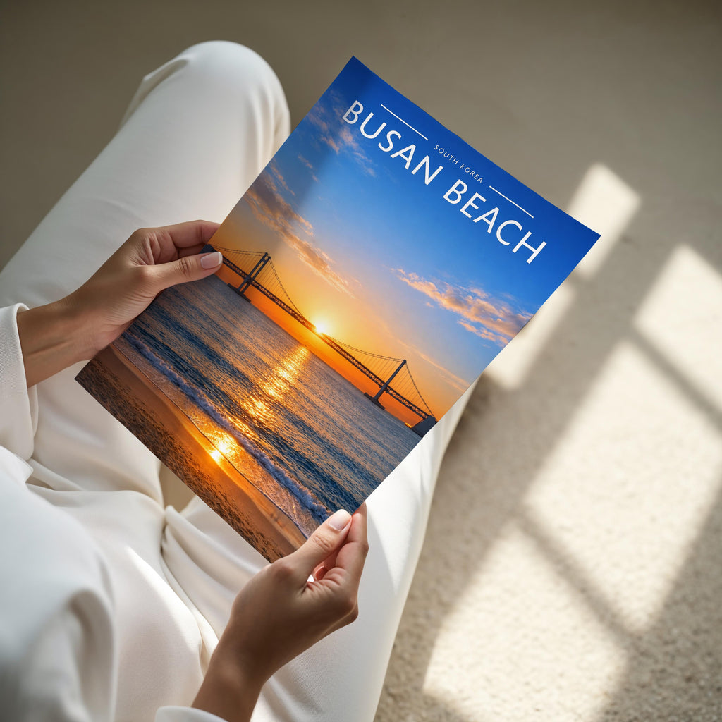 Busan Beach Travel Poster - A4 print held in hand