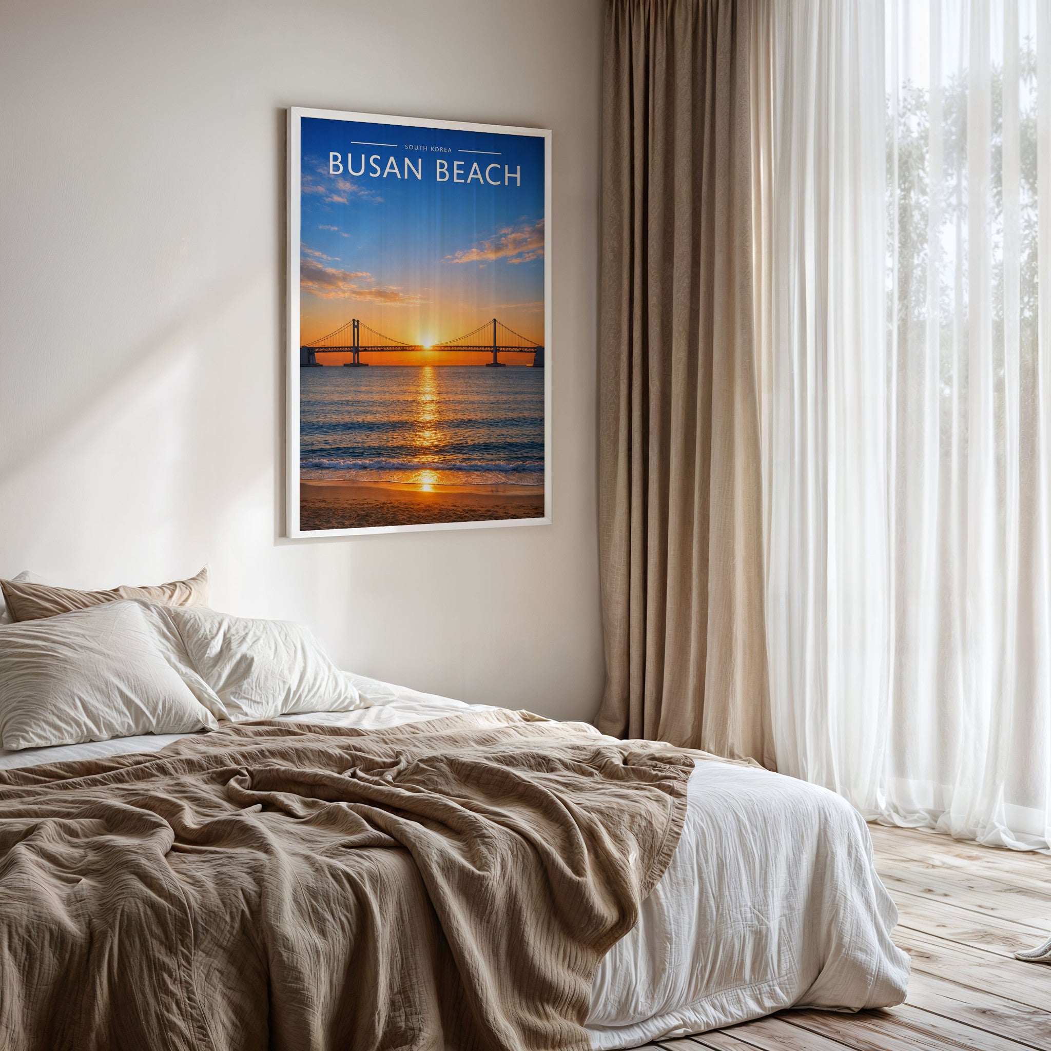 Busan Beach Travel Poster framed on a bedroom wall