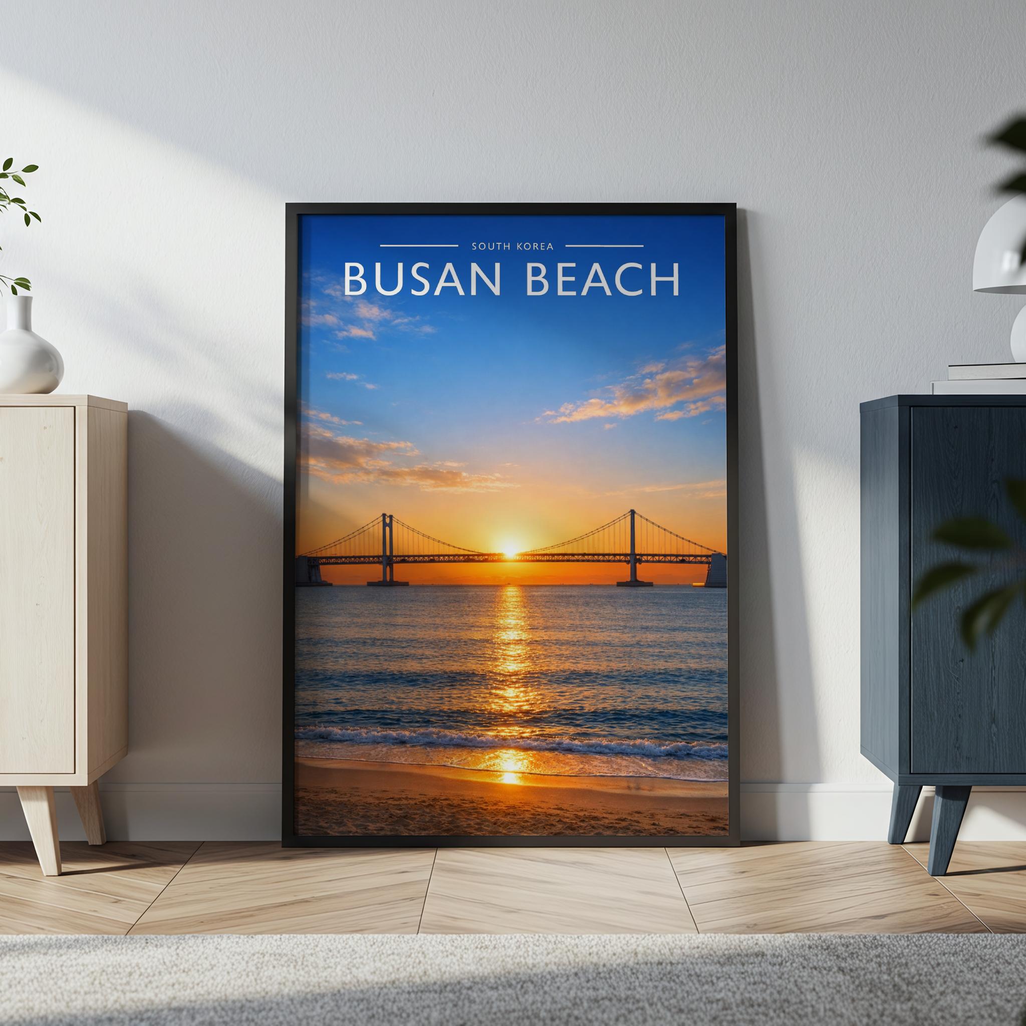 Busan Beach Travel Poster in a black frame