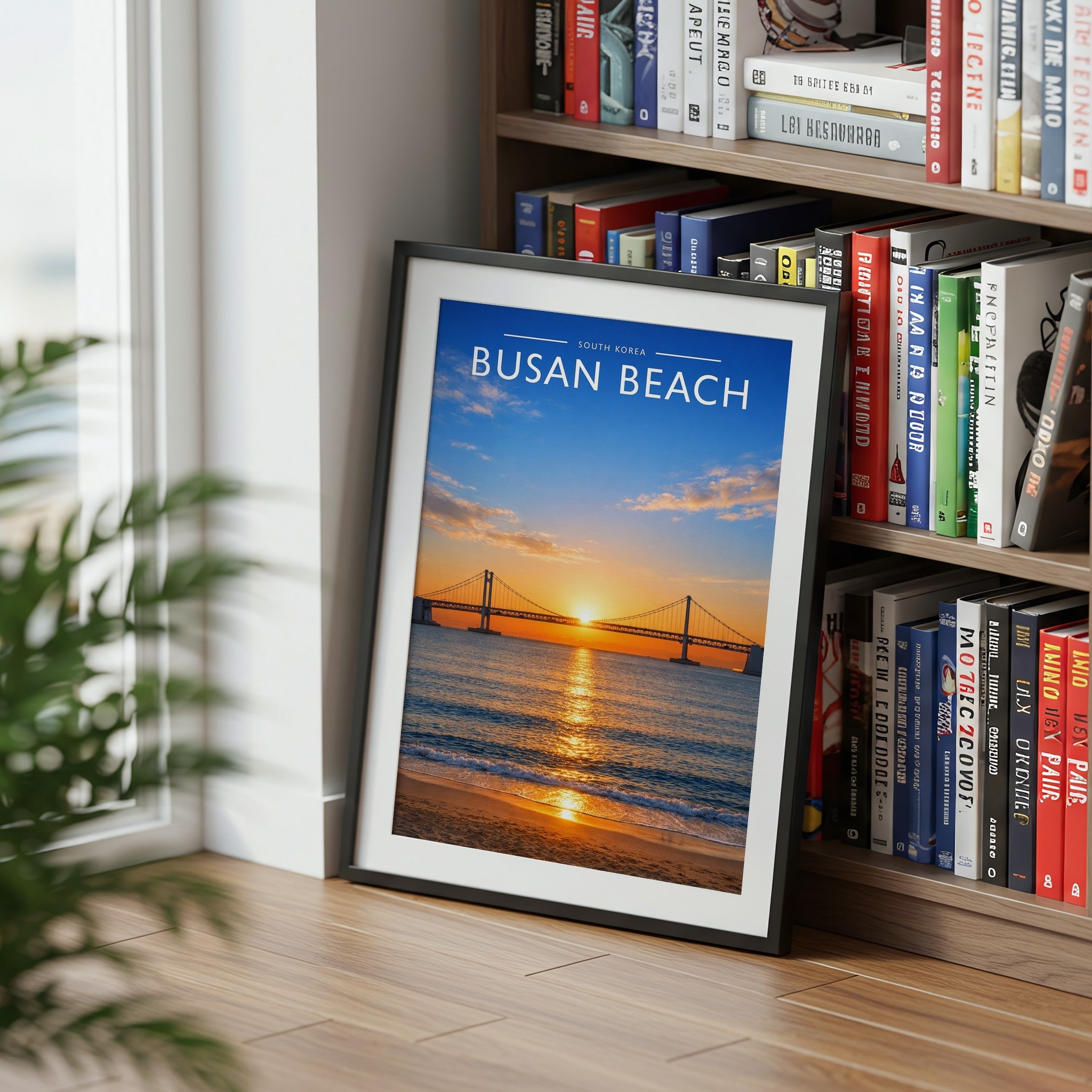 Busan Beach Travel Poster mounted in a black frame