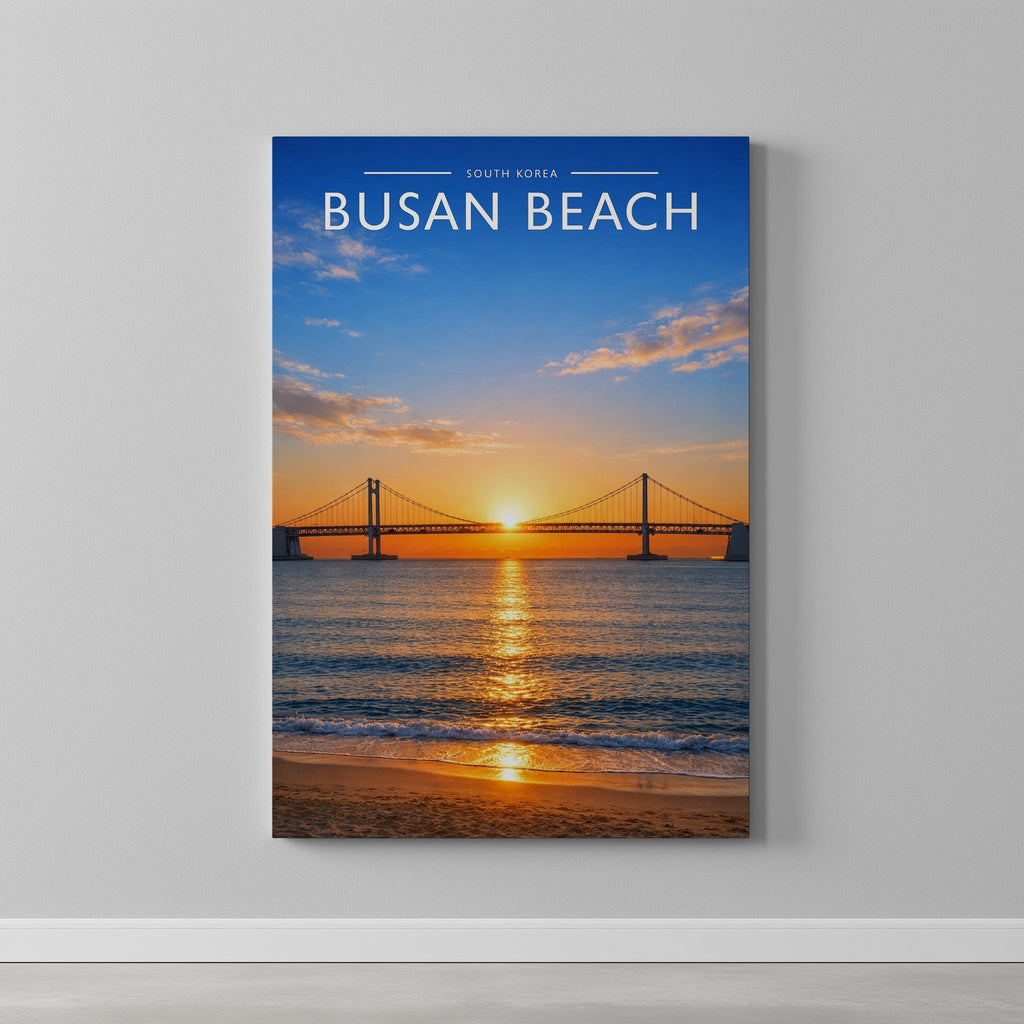 Busan Beach Travel Poster as a gallery-wrapped canvas on a plain wall