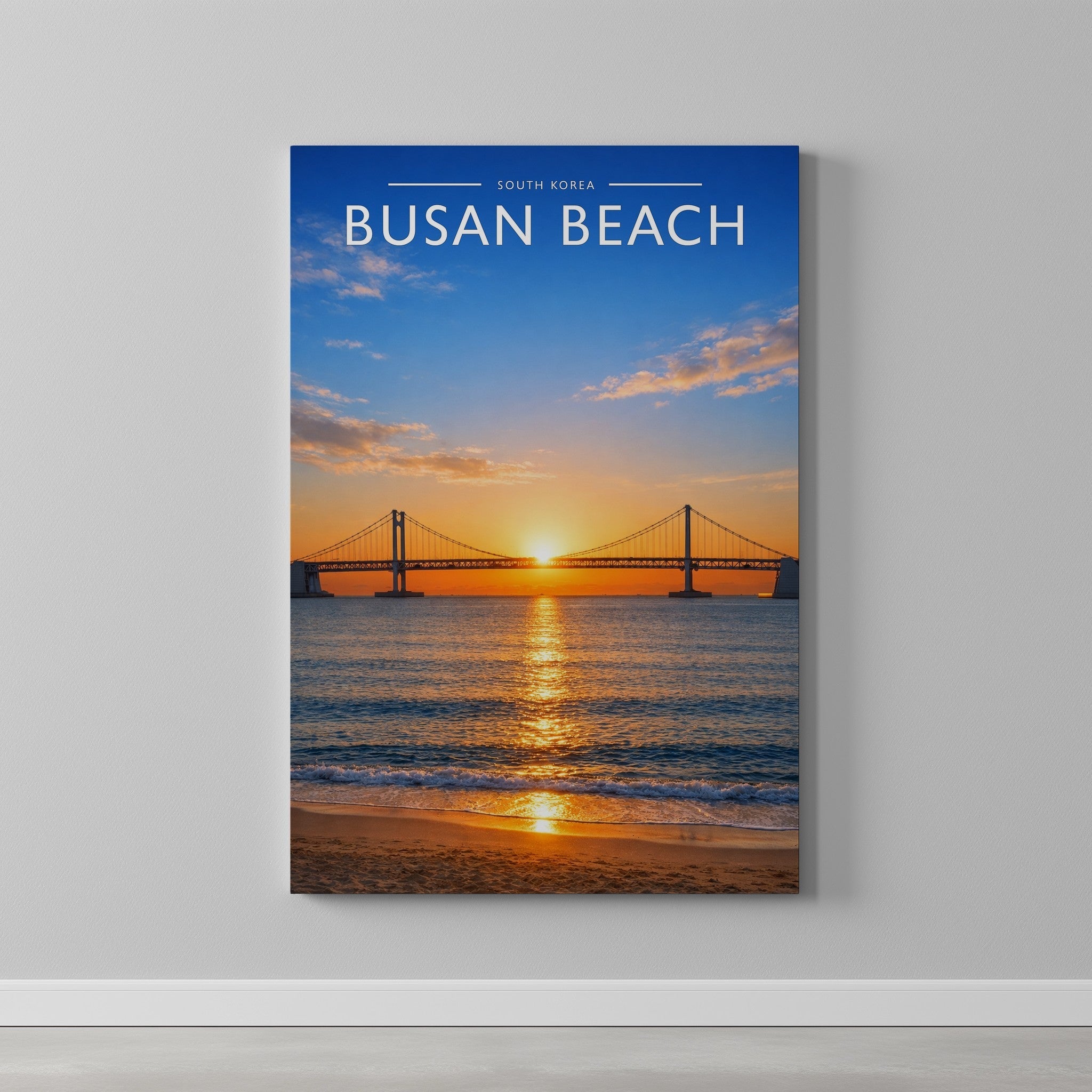 Busan Beach Travel Poster as a gallery-wrapped canvas on a plain wall