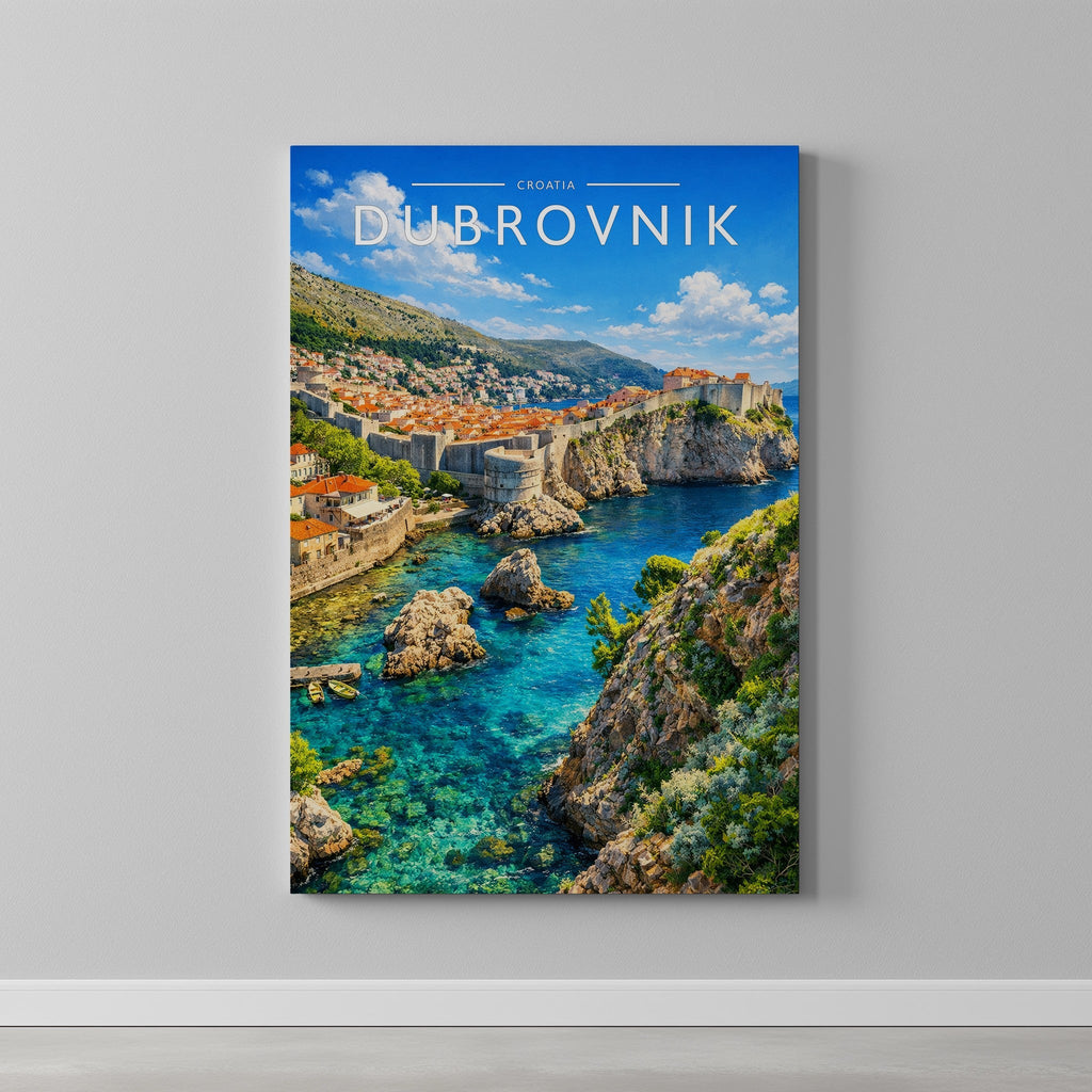 Dubrovnik Travel Poster as a gallery-wrapped canvas on a plain wall