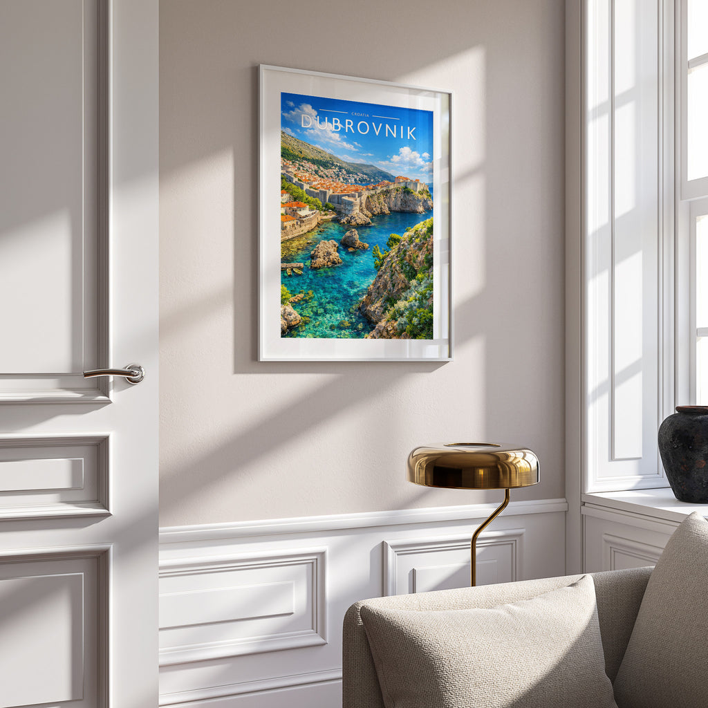 Dubrovnik Travel Poster in a white frame on a panelled wall