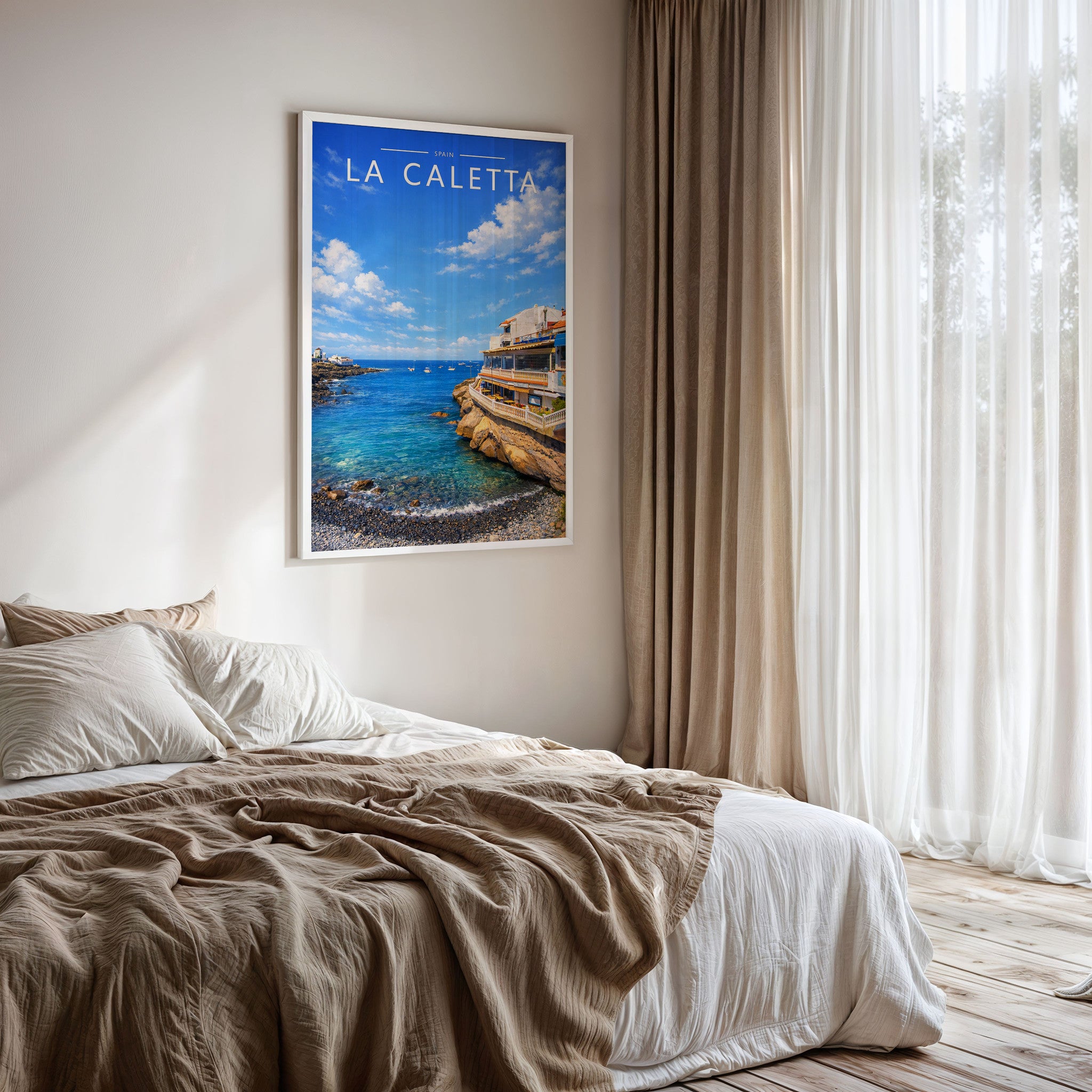 La Caletta Travel Poster framed on a bedroom wall