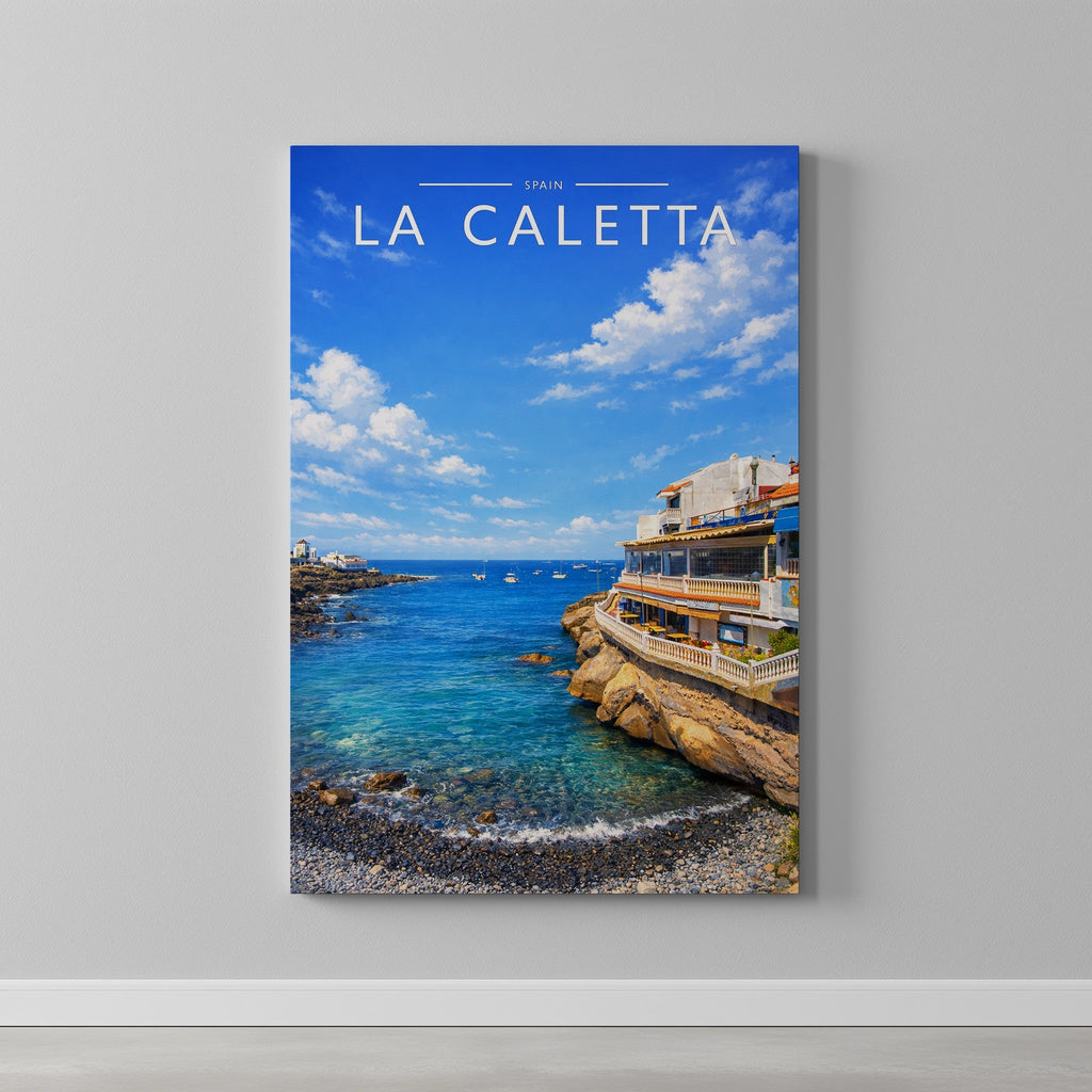 La Caletta Travel Poster as a gallery-wrapped canvas on a plain wall