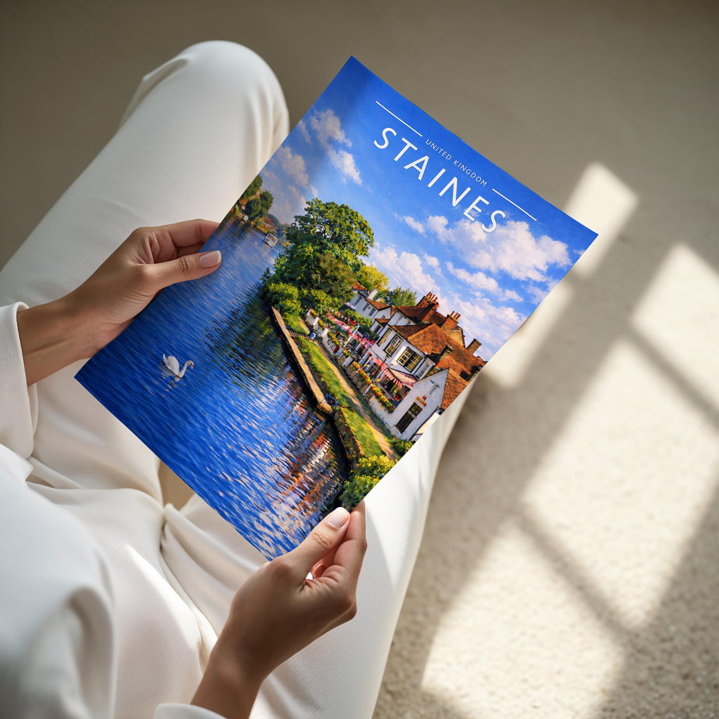 Staines Travel Poster - A4 print held in hand