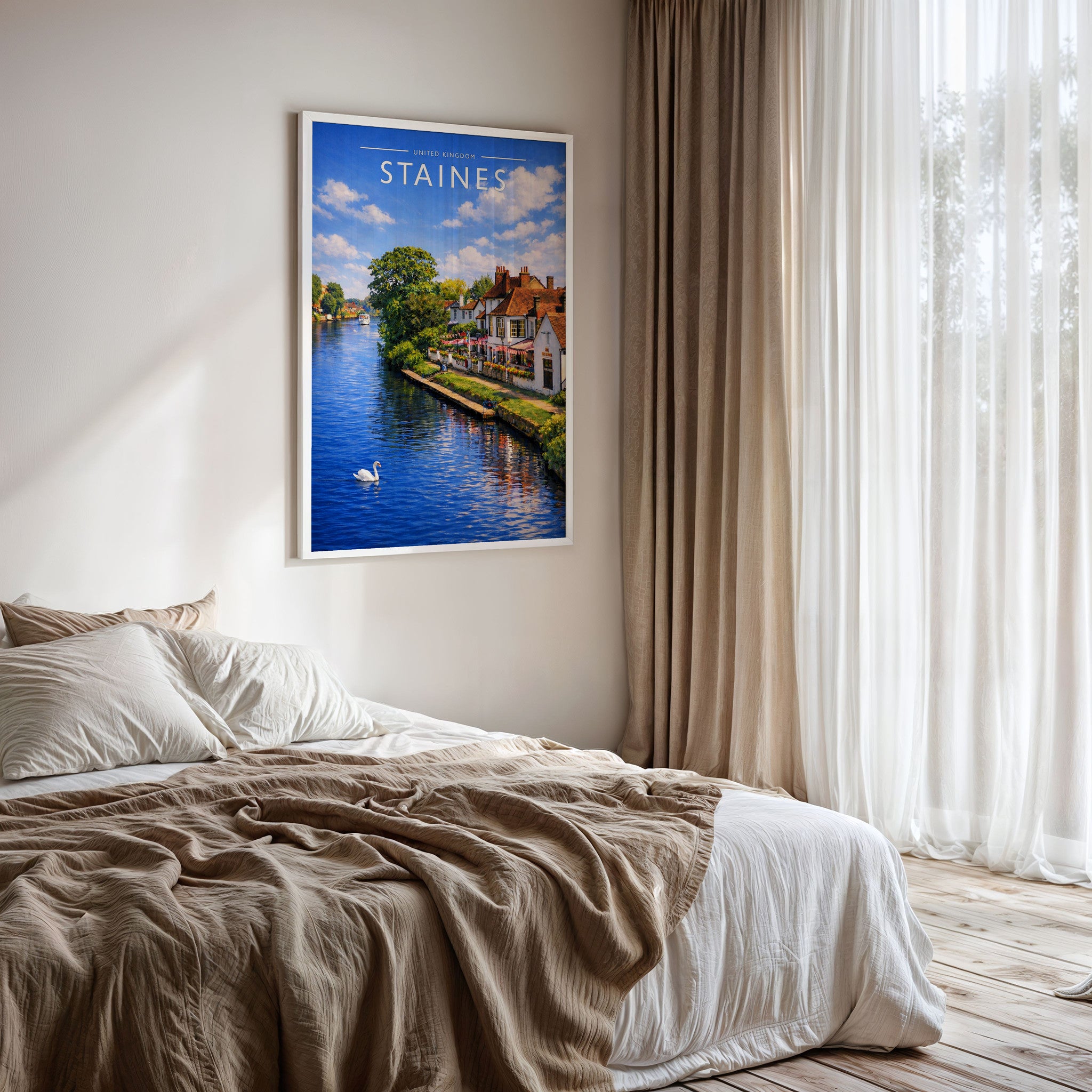 Staines Travel Poster framed on a bedroom wall
