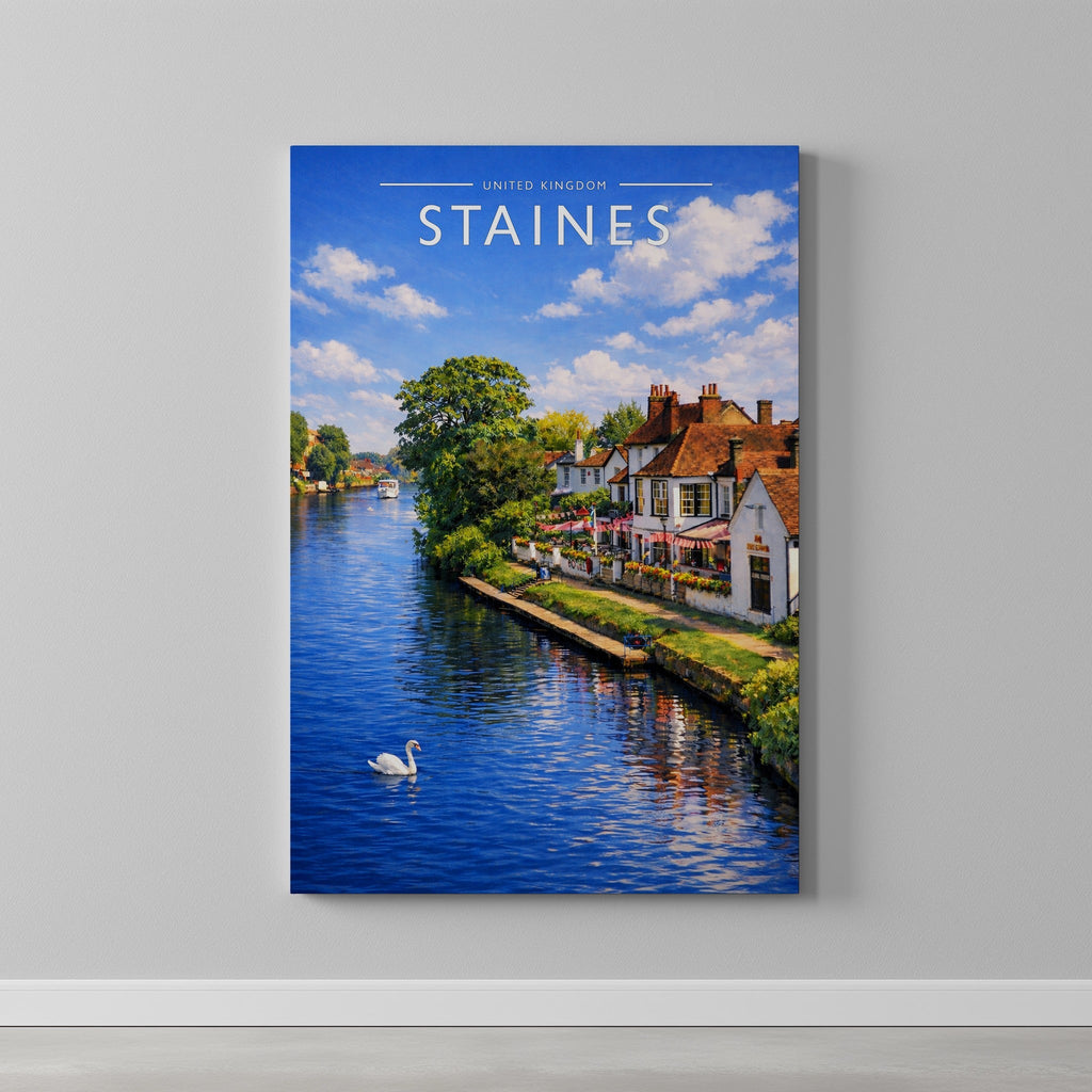Staines Travel Poster as a gallery-wrapped canvas on a plain wall