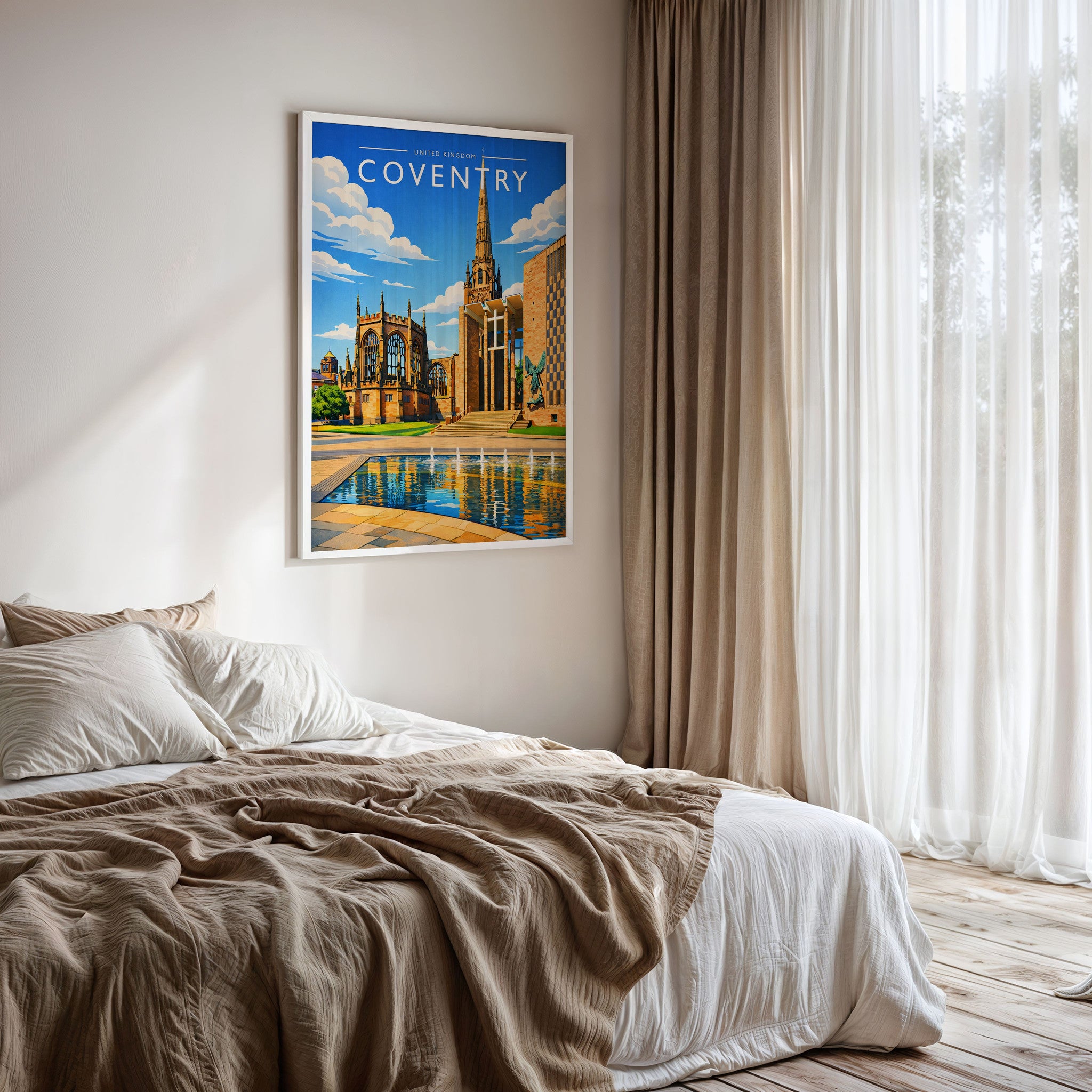 Coventry Travel Poster framed on a bedroom wall