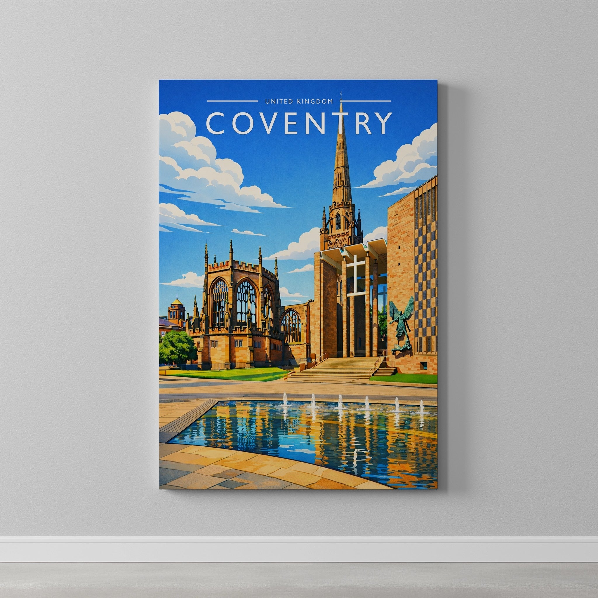 Coventry Travel Poster as a gallery-wrapped canvas on a plain wall