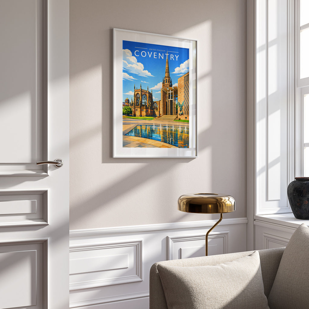 Coventry Travel Poster in a white frame on a panelled wall
