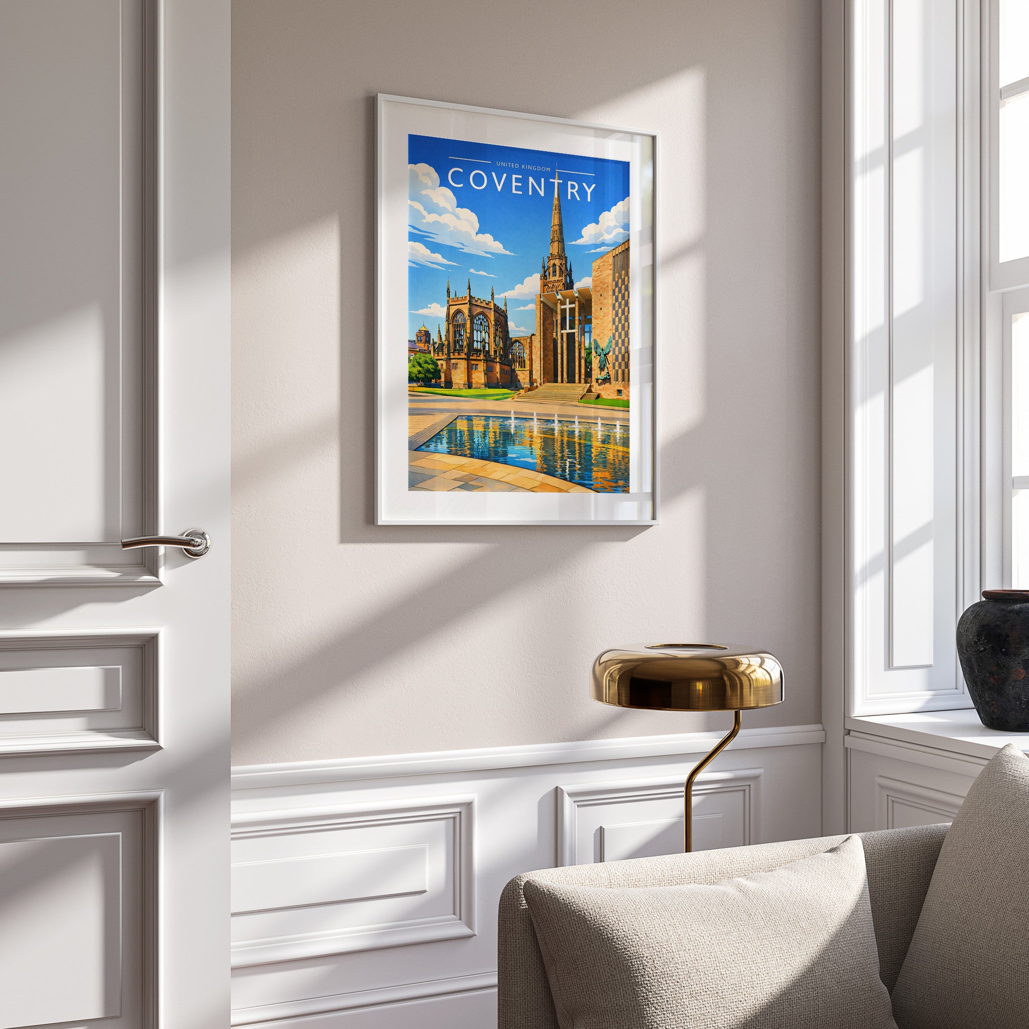 Coventry Travel Poster in a white frame on a panelled wall