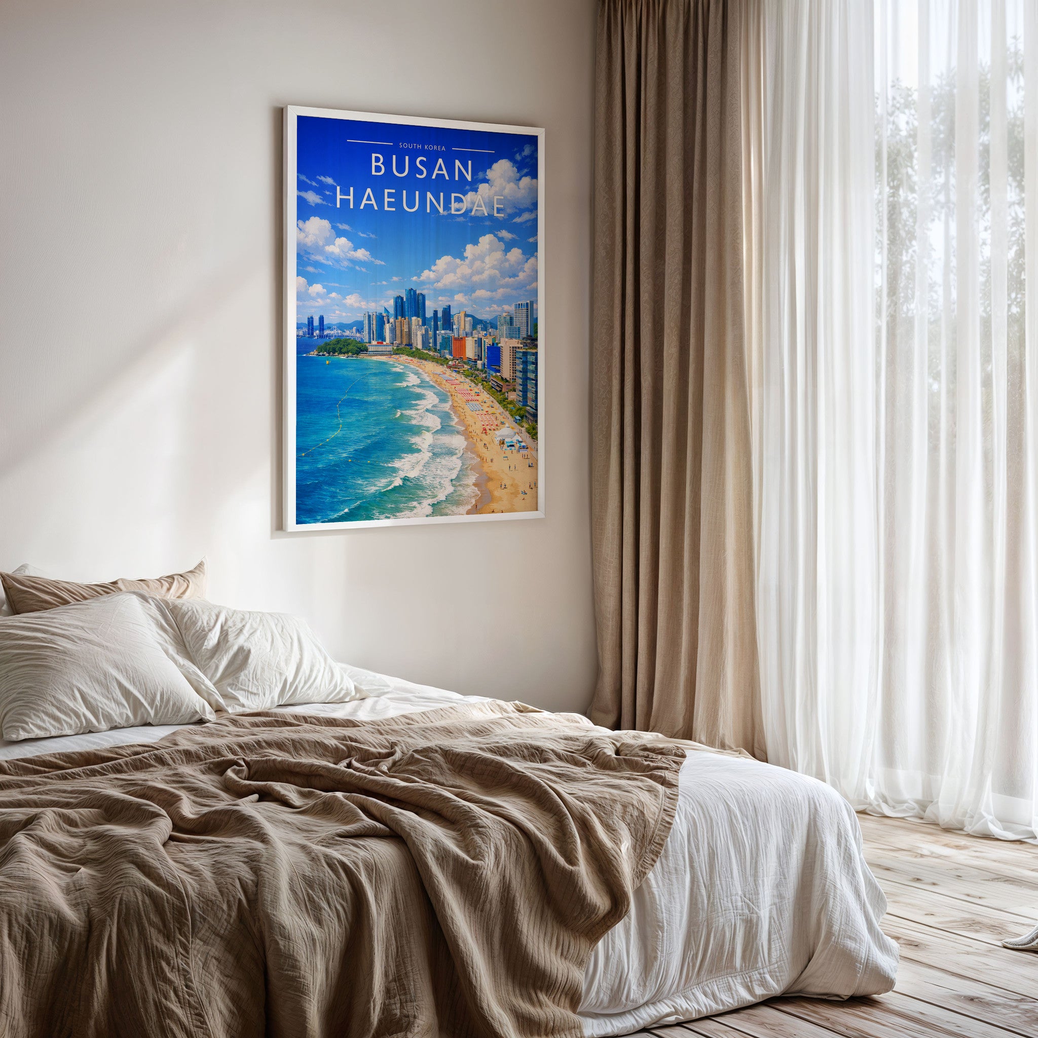 Busan Haeundae Travel Poster framed on a bedroom wall