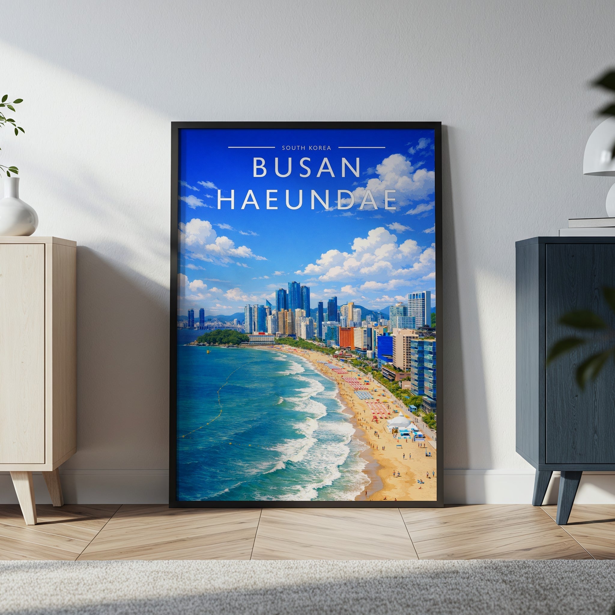 Busan Haeundae Travel Poster in a black frame