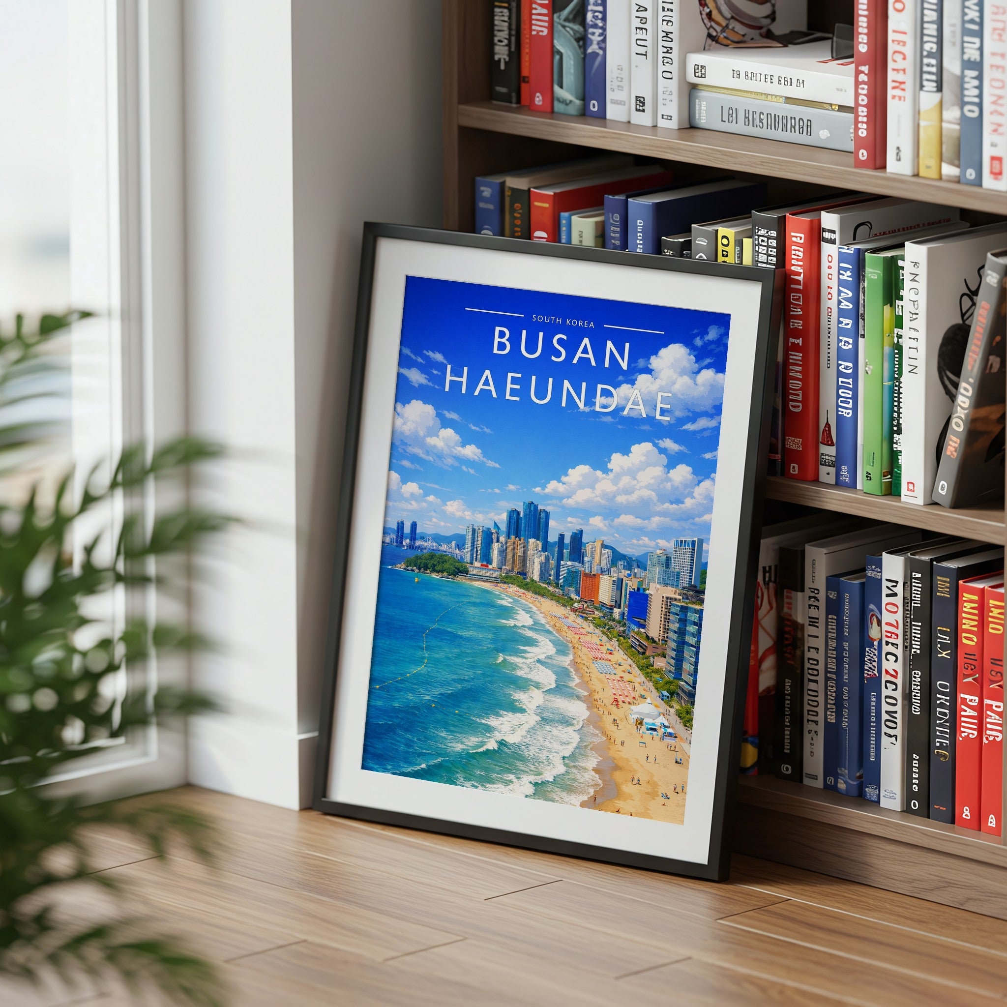 Busan Haeundae Travel Poster mounted in a black frame
