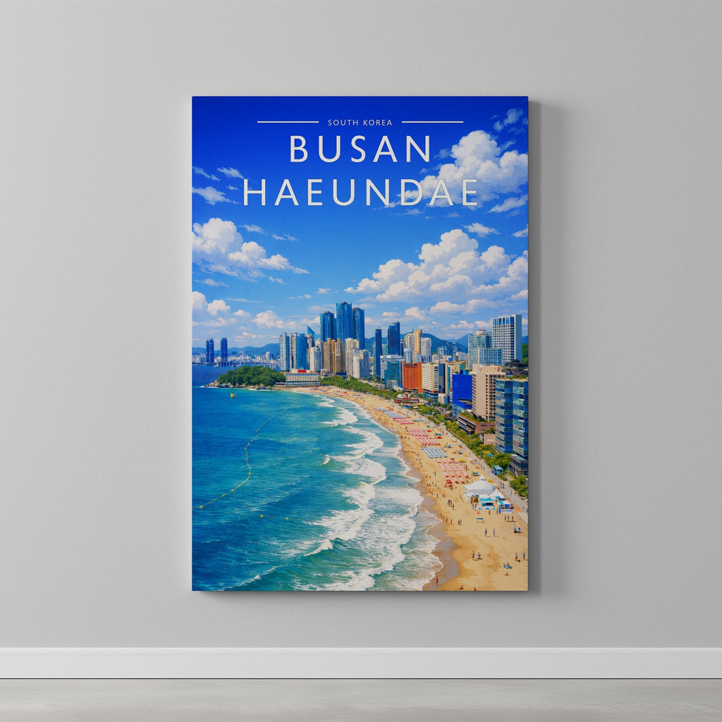 Busan Haeundae Travel Poster as a gallery-wrapped canvas on a plain wall