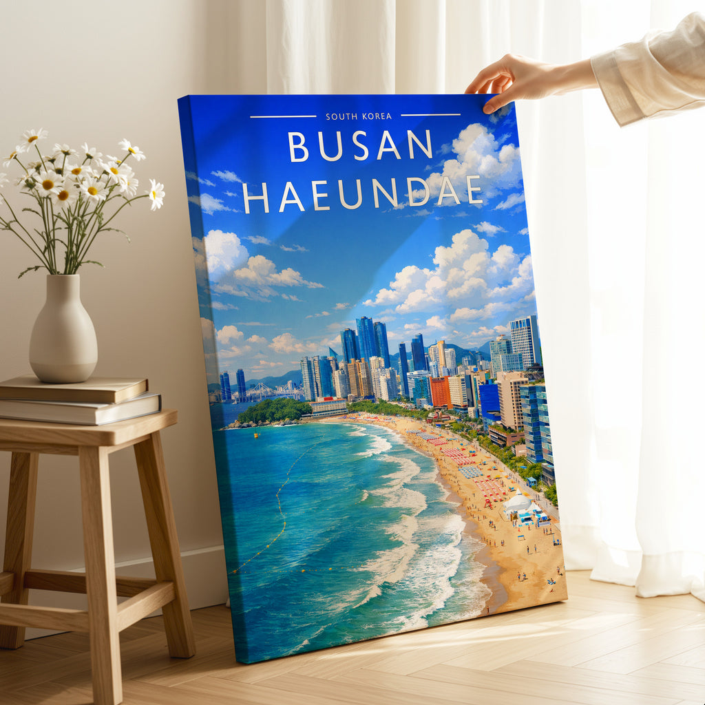 Busan Haeundae Travel Poster as a gallery-wrapped canvas