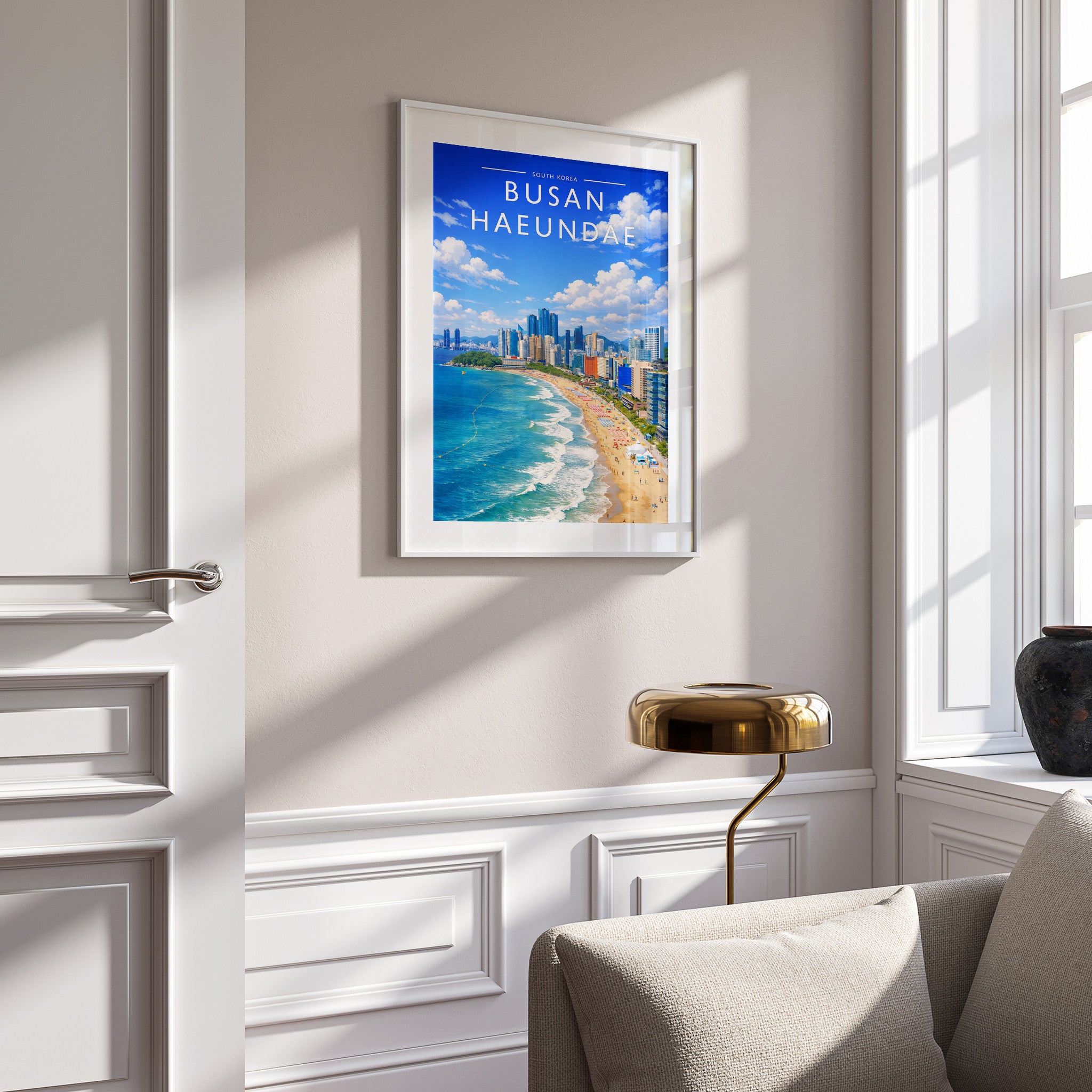 Busan Haeundae Travel Poster in a white frame on a panelled wall
