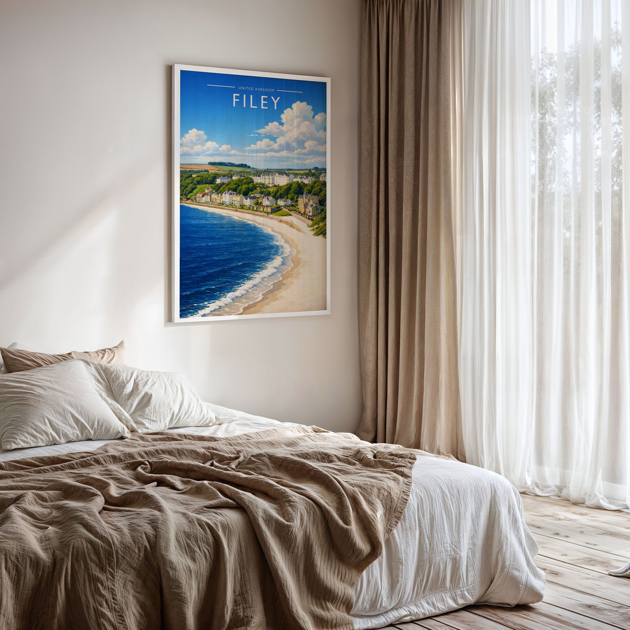 Filey Travel Poster framed on a bedroom wall