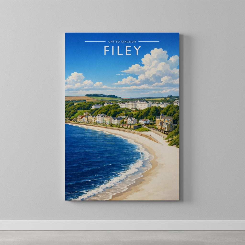 Filey Travel Poster as a gallery-wrapped canvas on a plain wall