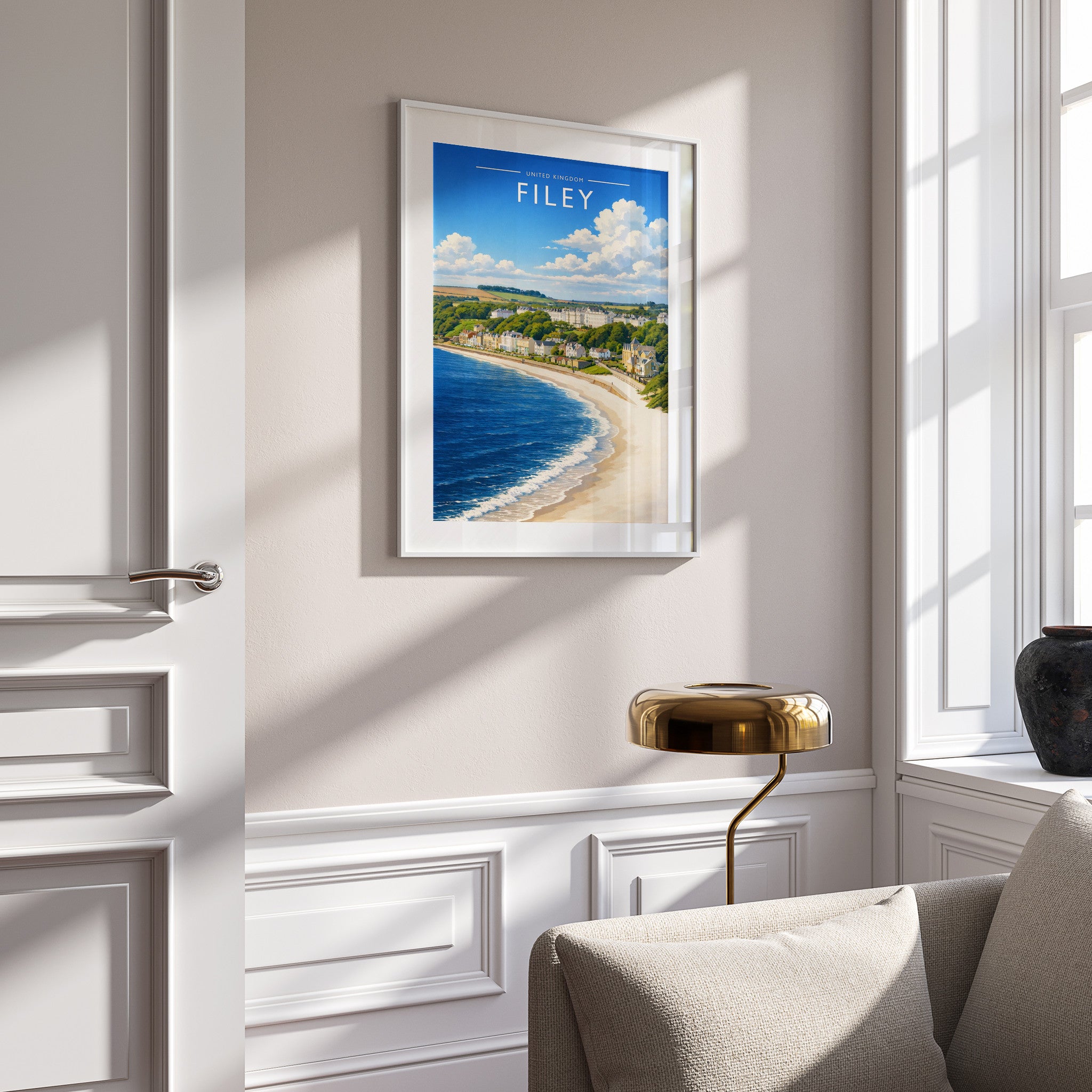 Filey Travel Poster in a white frame on a panelled wall