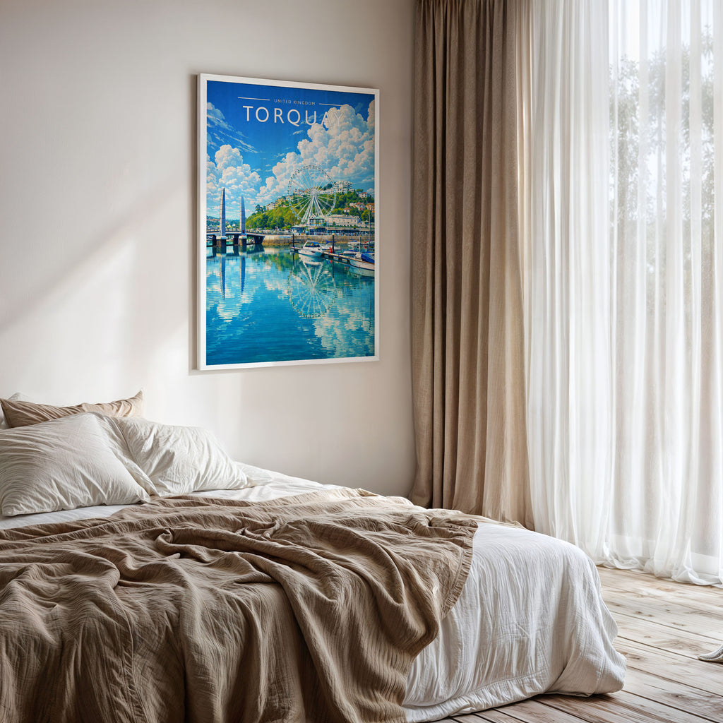 Torquay Travel Poster framed on a bedroom wall