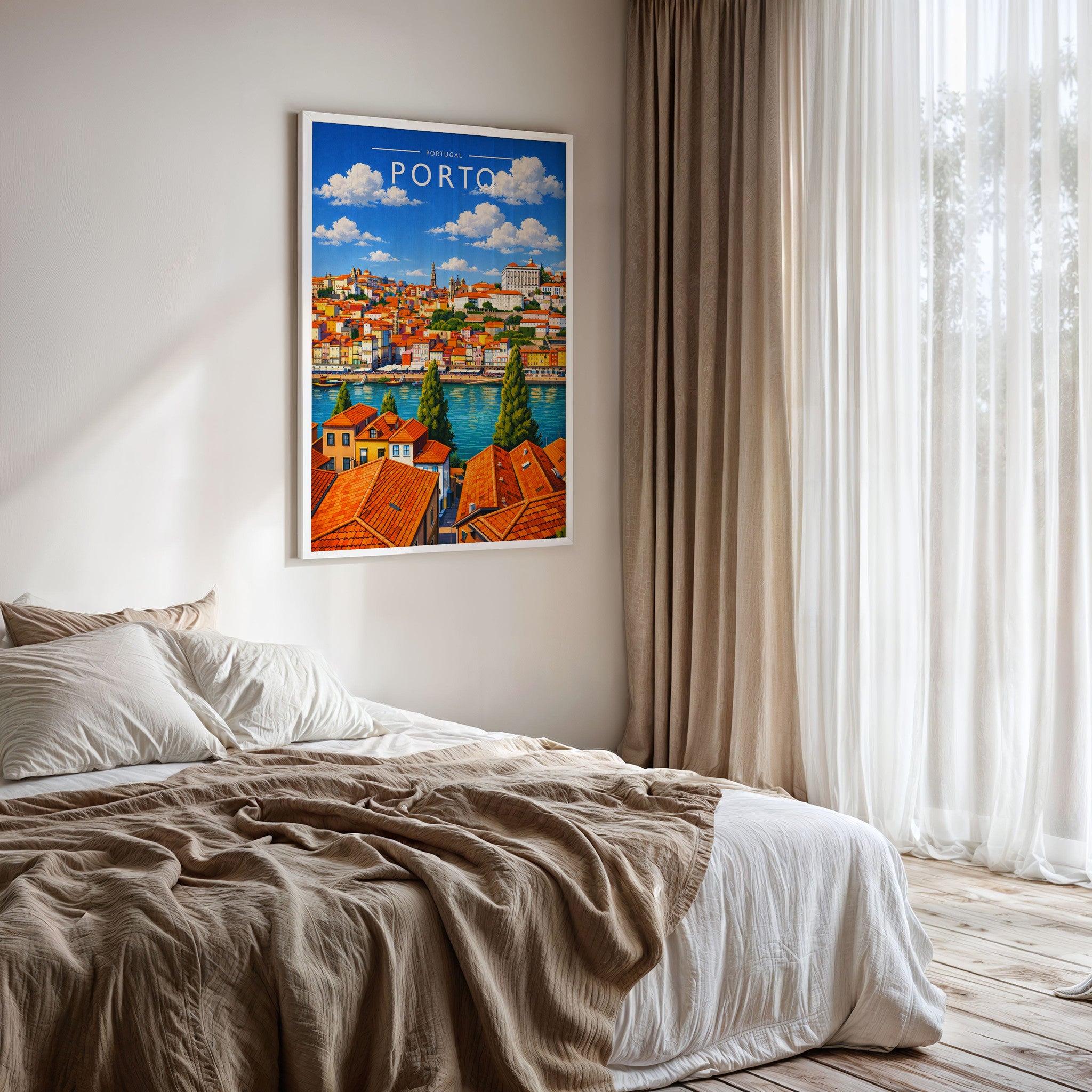 Porto Travel Poster framed on a bedroom wall