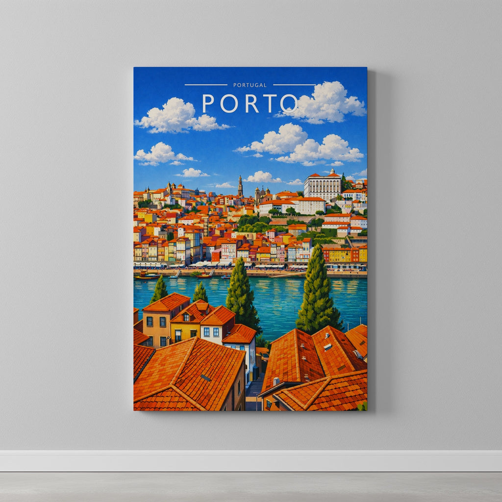 Porto Travel Poster as a gallery-wrapped canvas on a plain wall