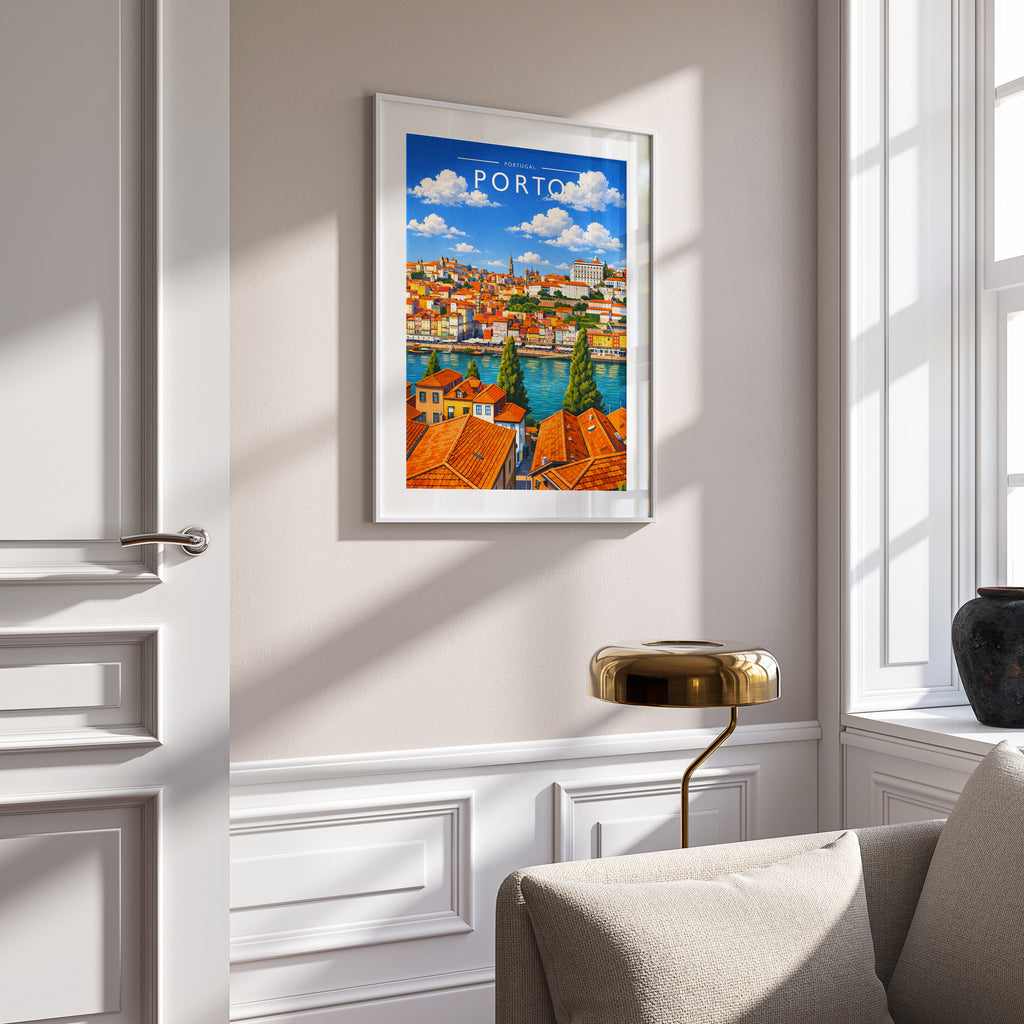 Porto Travel Poster in a white frame on a panelled wall