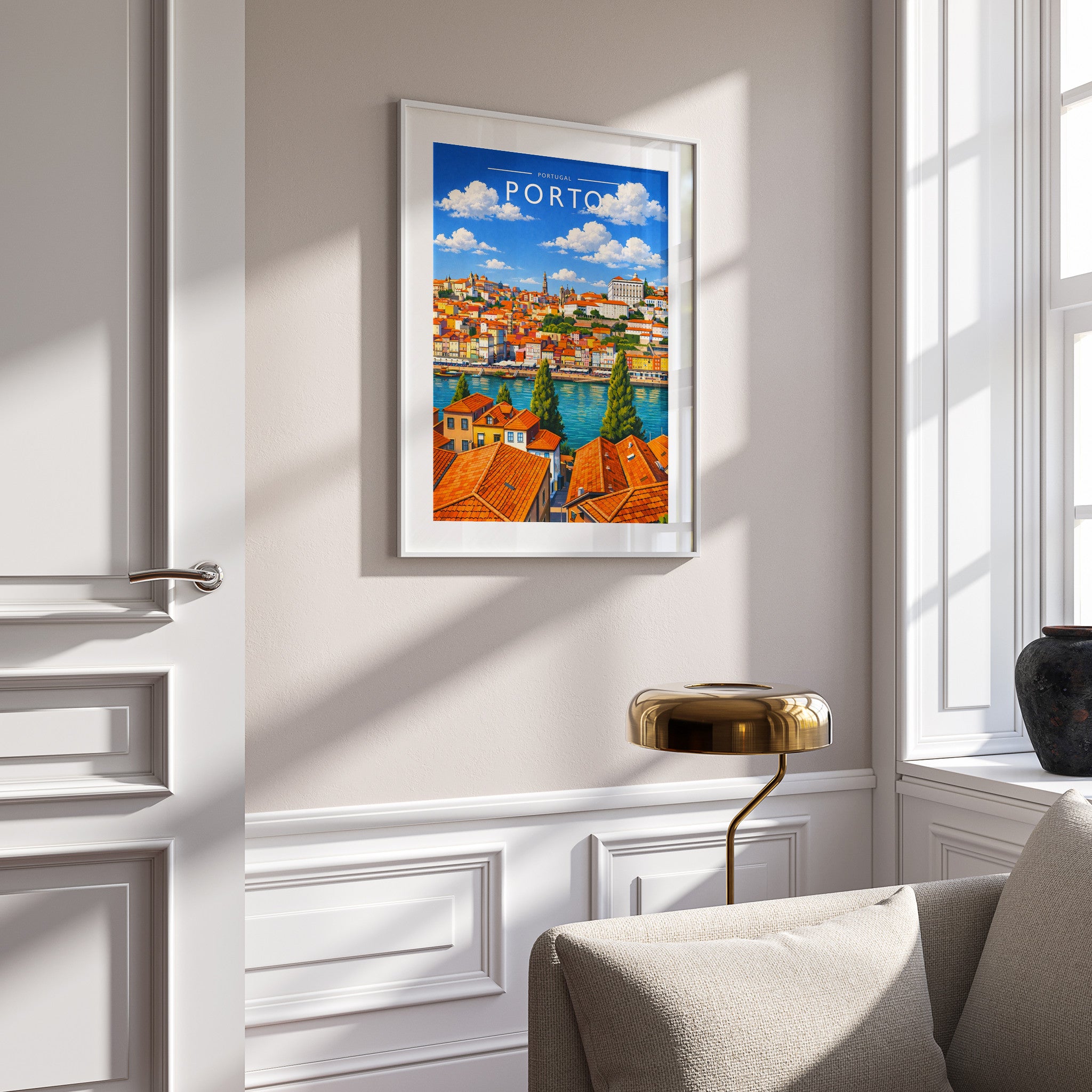 Porto Travel Poster in a white frame on a panelled wall