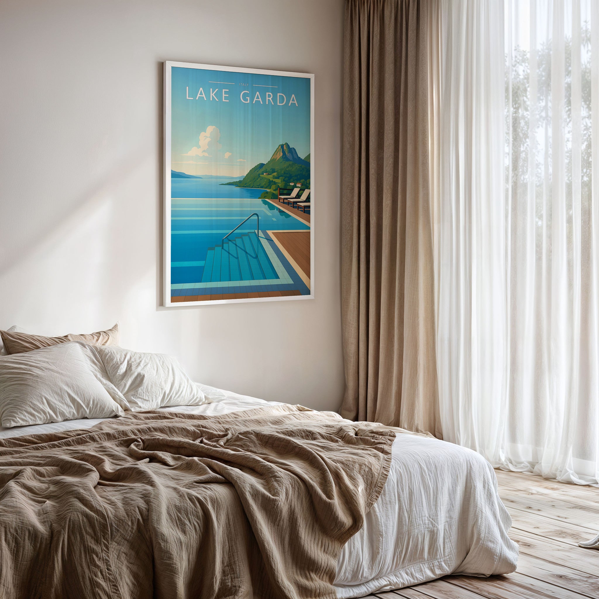 Lake Garda Travel Poster framed on a bedroom wall
