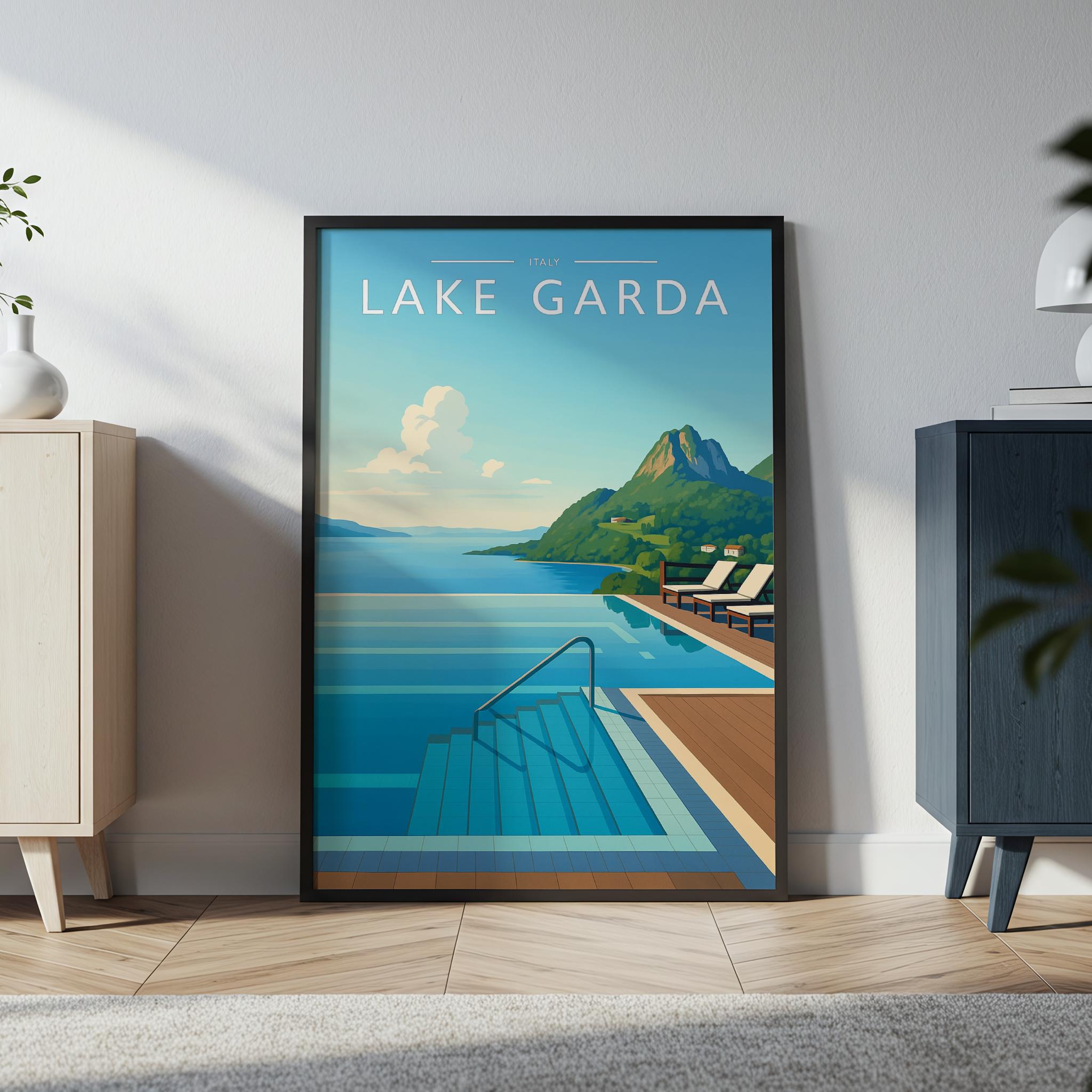 Lake Garda Travel Poster in a black frame