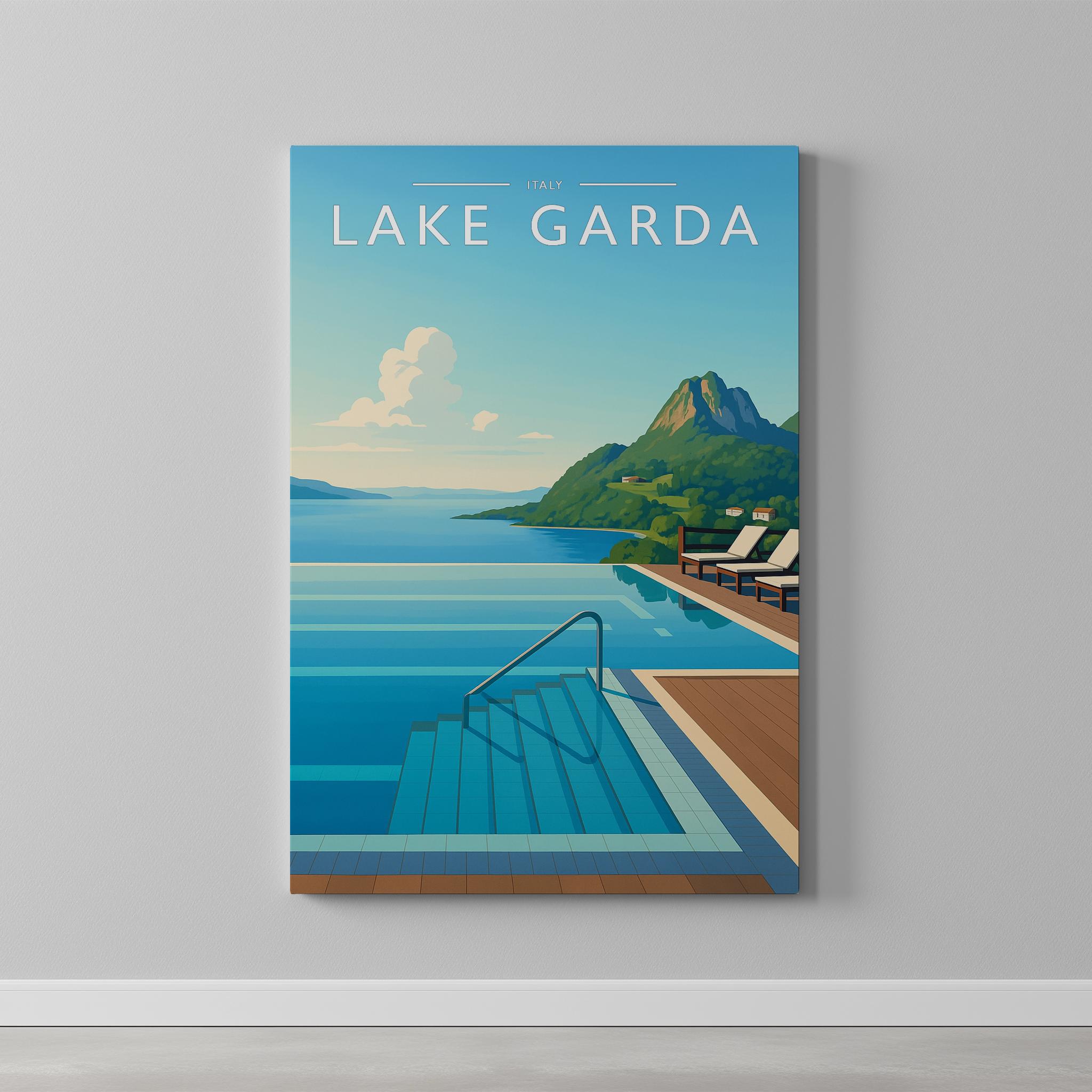 Lake Garda Travel Poster as a gallery-wrapped canvas on a plain wall