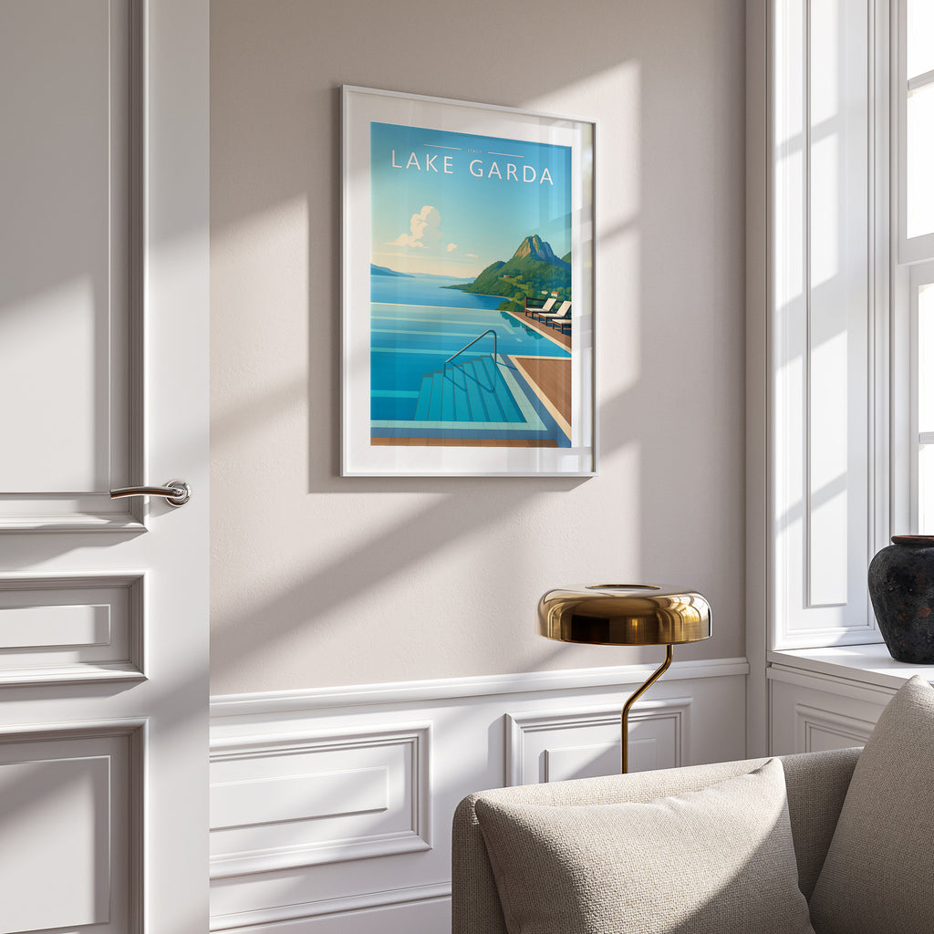 Lake Garda Travel Poster in a white frame on a panelled wall
