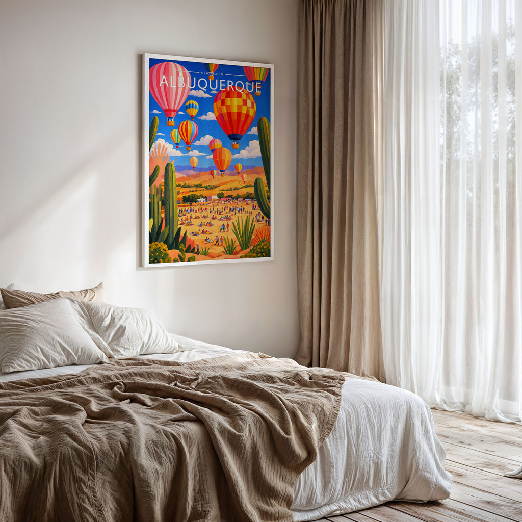 Albuquerque Travel Poster framed on a bedroom wall