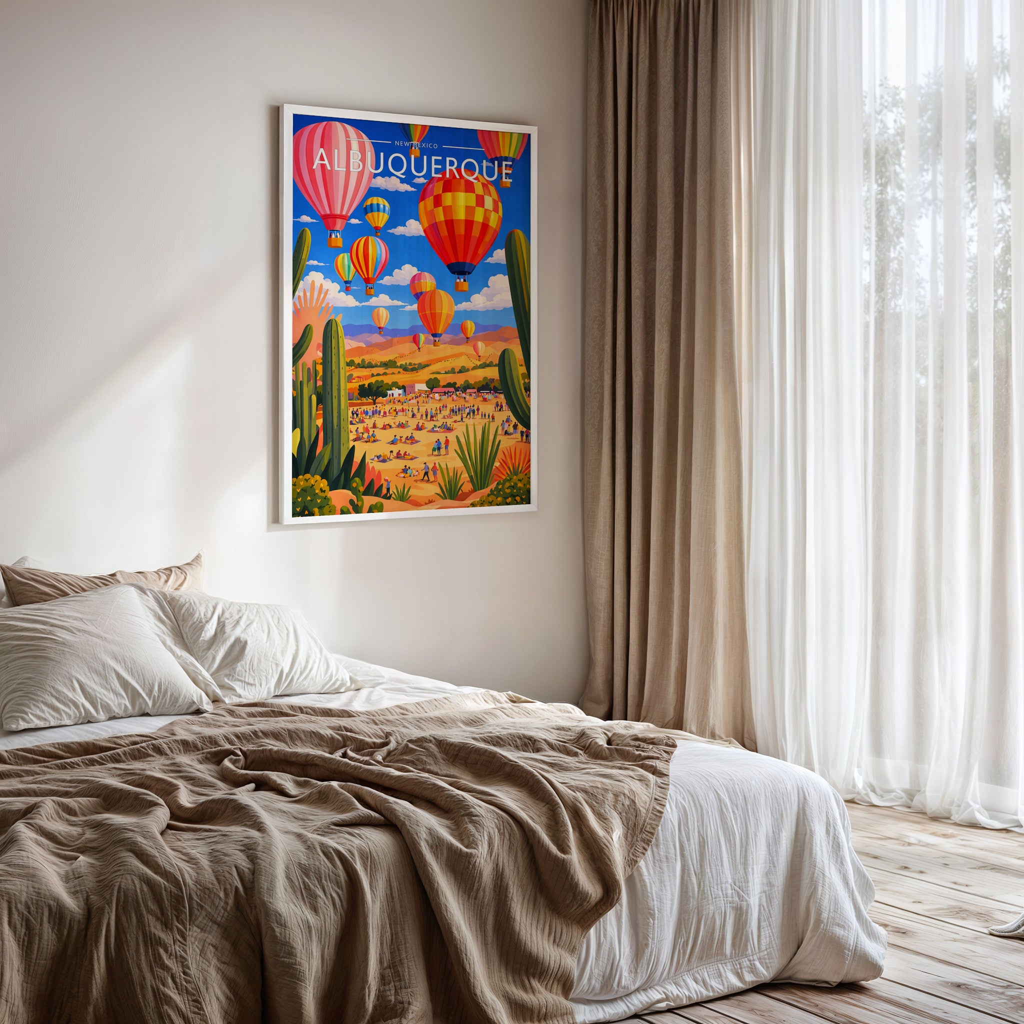 Albuquerque Travel Poster framed on a bedroom wall