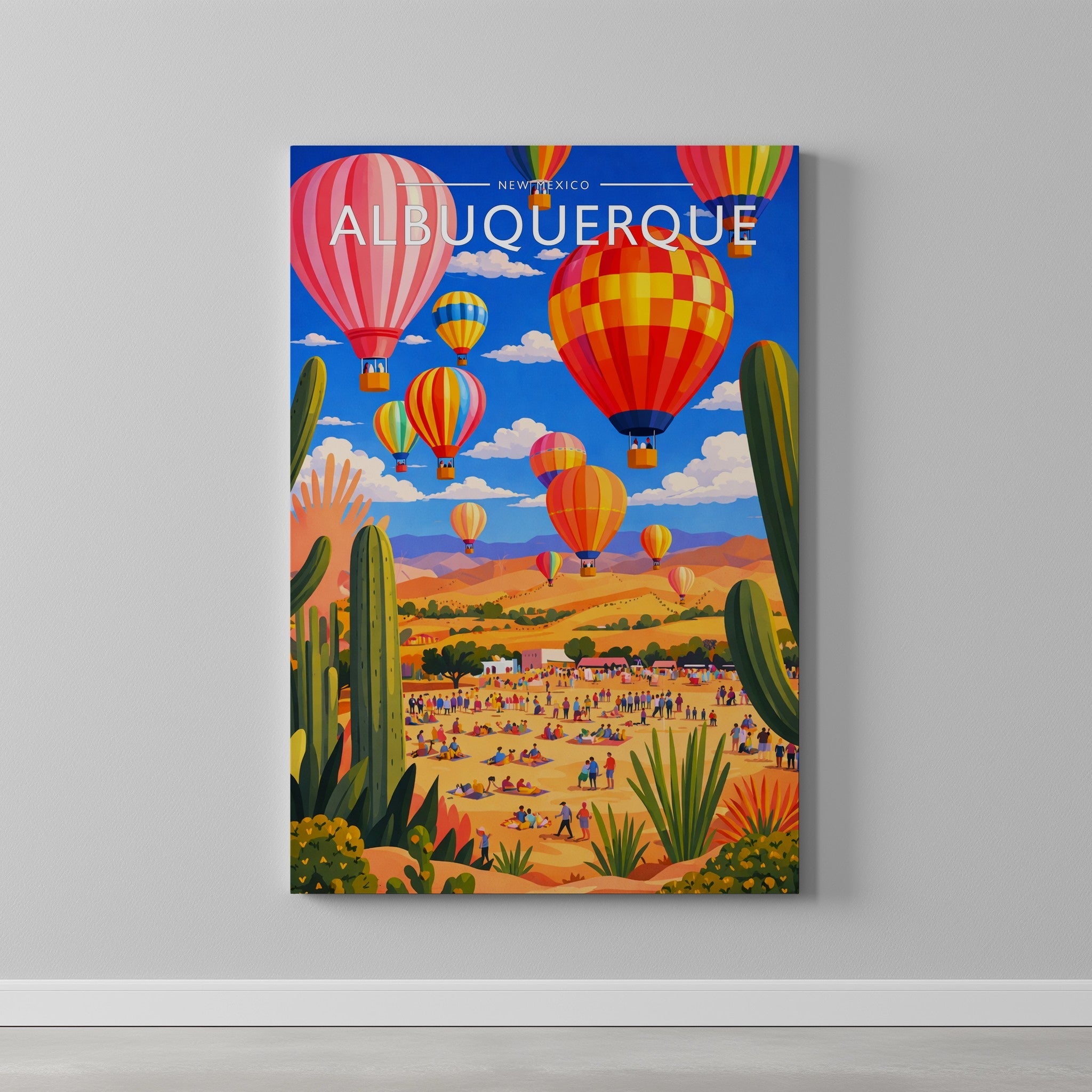 Albuquerque Travel Poster as a gallery-wrapped canvas on a plain wall