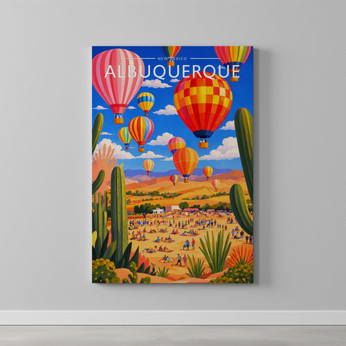 Albuquerque Travel Poster as a gallery-wrapped canvas on a plain wall